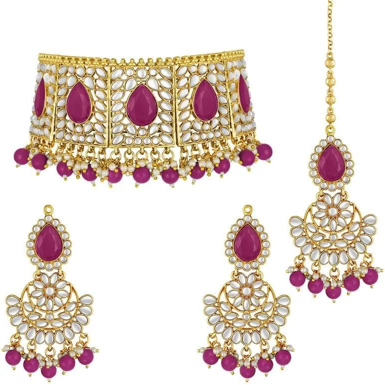 گردنبند چوکر مروارید مصنوعی Aheli با گوشواره، ست جواهرات سنتی بالیوودی هندی برای زنان و دختران گردنبند چوکر مروارید مصنوعی Aheli با گوشواره، ست جواهرات سنتی بالیوودی هندی برای زنان و دختران