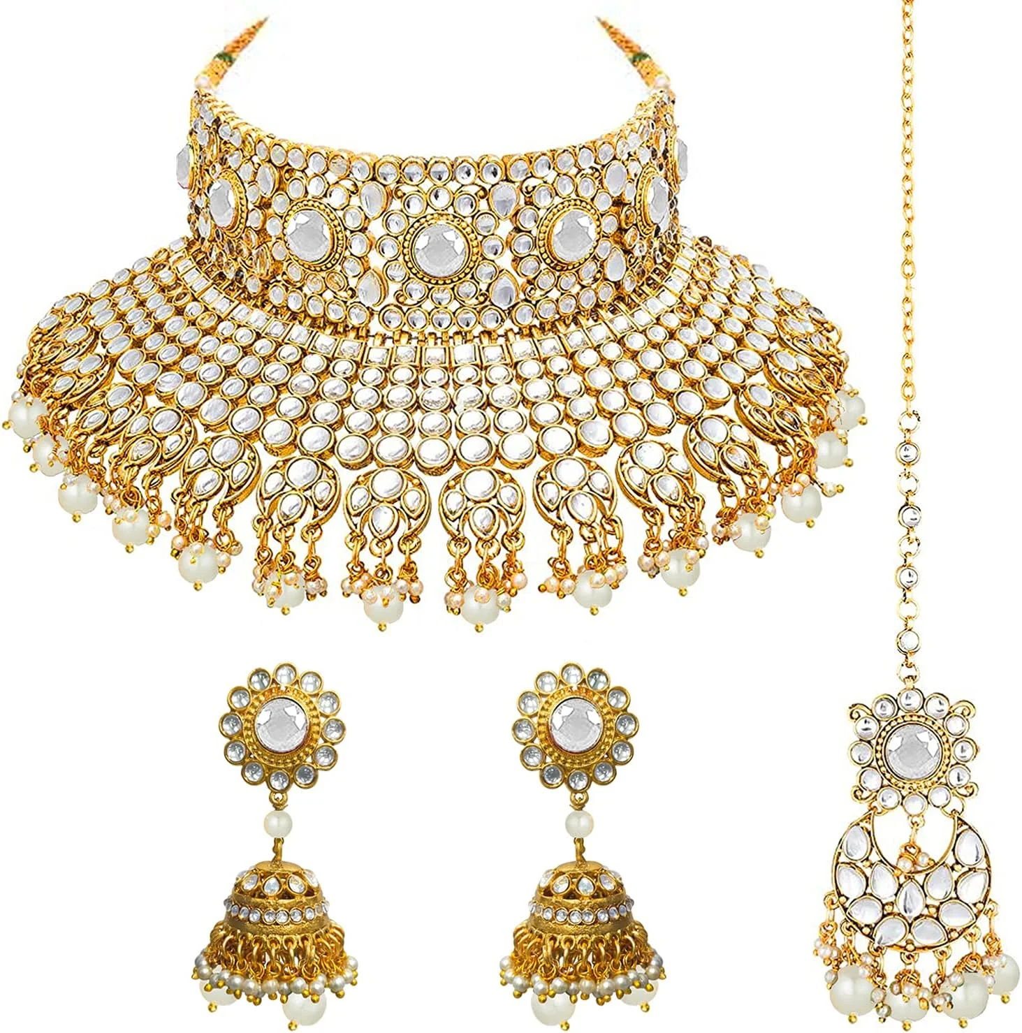 آویز گردنبند چوکر طرح کندن با روکش طلایی و گوشواره و تِکه پیشانی، طراحی مجلسی هندی مناسب عروسی و مهمانی