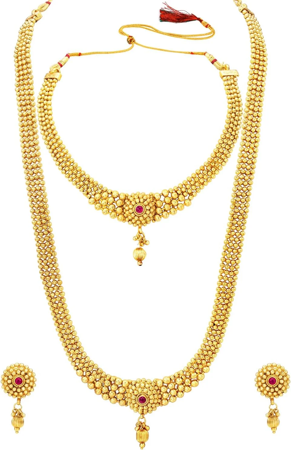 آهلی نیم ست زنانه روکش طلایی شامل گردنبند بلند ماهارانی، گردنبند کوتاه و گوشواره آویز، جواهرات سنتی جنوب هند، هدیه برای بانوان