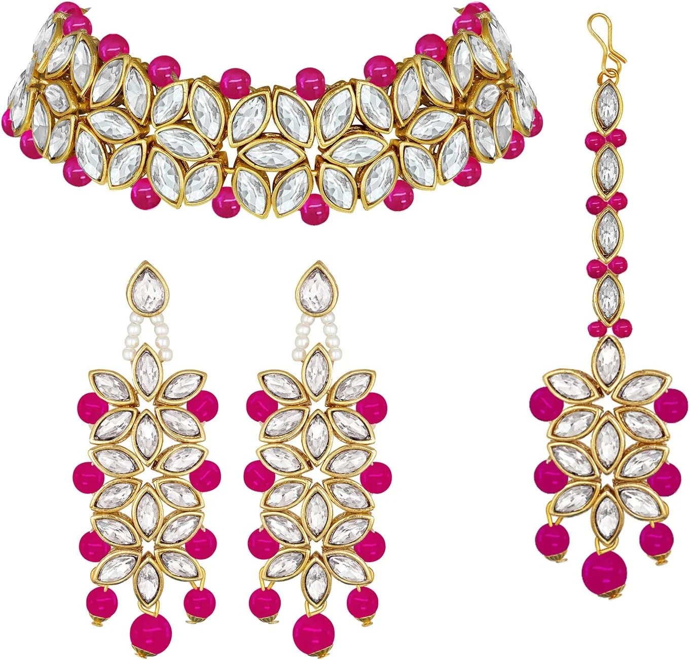 آویز گردنبند چوکر عروس مروارید مصنوعی کندان سنتی هندی Aheli به همراه گوشواره و مانگ تیکا برای بانوان