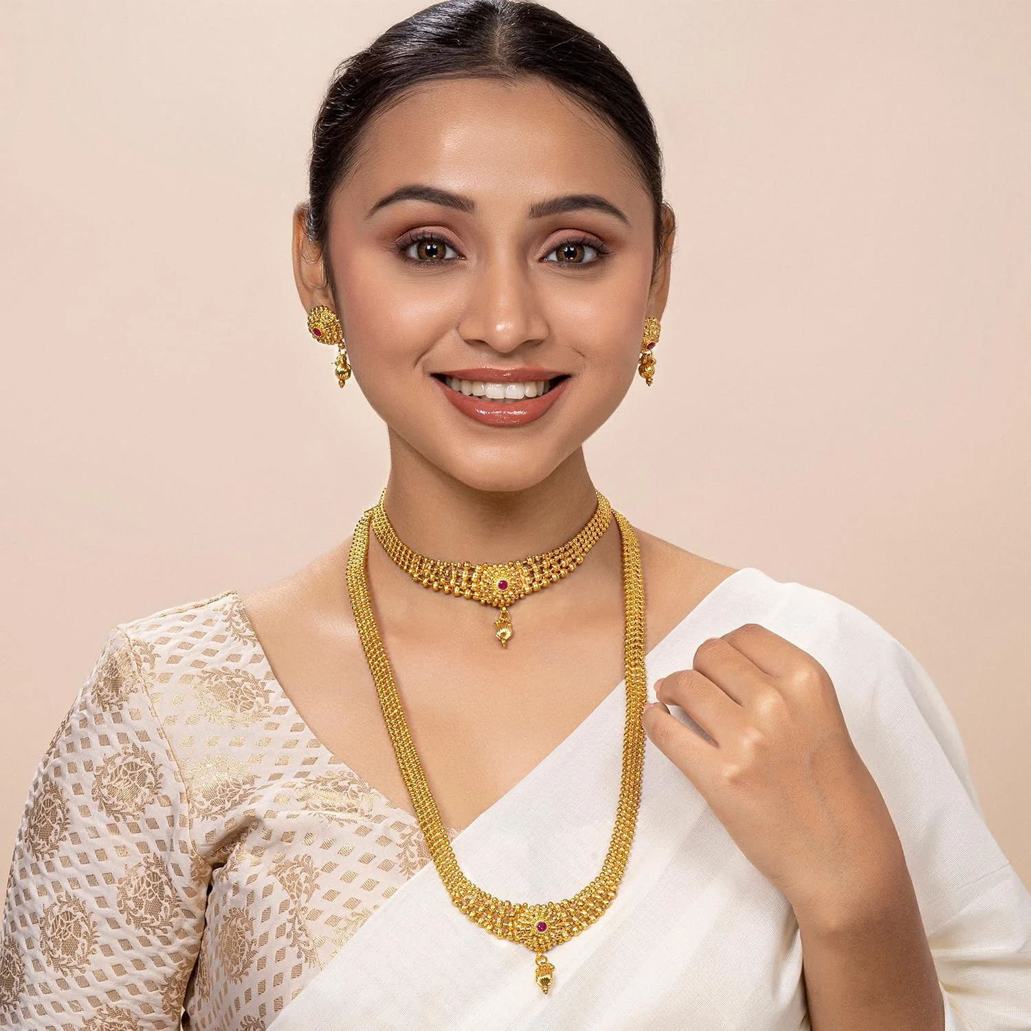 آهلی نیم ست زنانه روکش طلایی شامل گردنبند بلند ماهارانی، گردنبند کوتاه و گوشواره آویز، جواهرات سنتی جنوب هند، هدیه برای بانوان