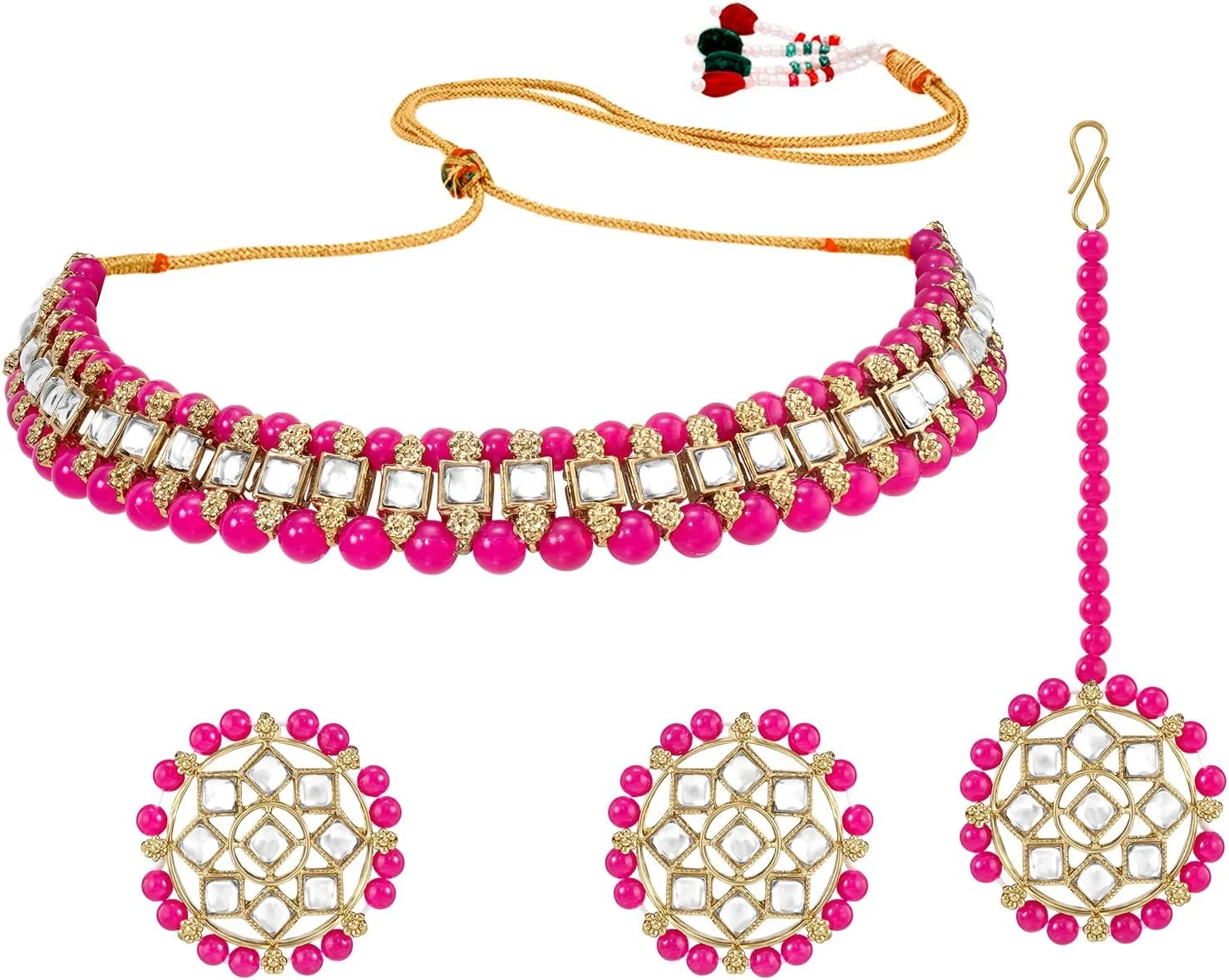 آویز گردنبند چوکر سنتی طلاکاری شده Kundan Aheli با گوشواره های میخی و مجموعه جواهرات قومی مانگ تیکا هدیه برای زنان