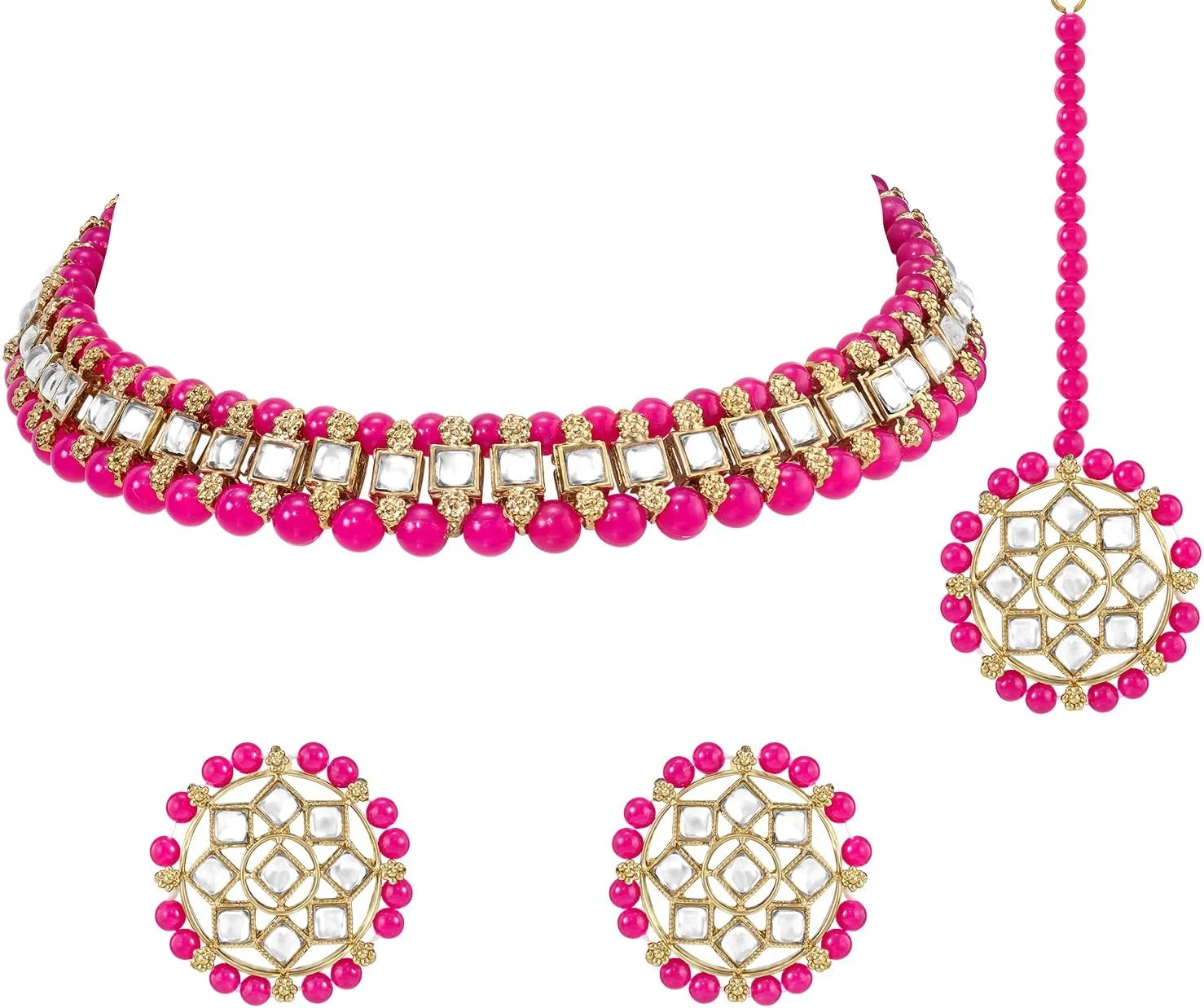 آویز گردنبند چوکر سنتی طلاکاری شده Kundan Aheli با گوشواره های میخی و مجموعه جواهرات قومی مانگ تیکا هدیه برای زنان آویز گردنبند چوکر سنتی طلاکاری شده Kundan Aheli با گوشواره های میخی و مجموعه جواهرات قومی مانگ تیکا هدیه برای زنان