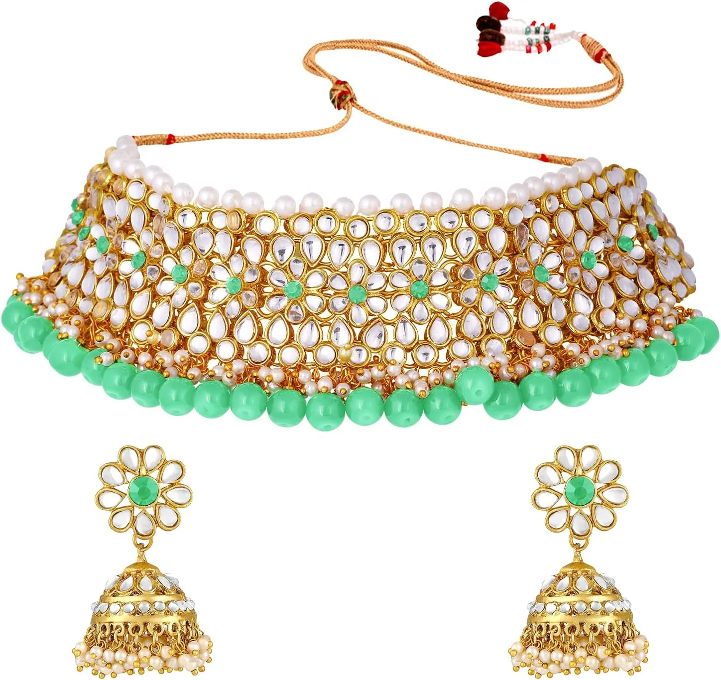 ست گردنبند چوکر نگین‌دار و مرواریدی به سبک سنتی هندی Aheli به همراه گوشواره‌های جومکی، مناسب برای مهمانی‌های بالیوودی و استفاده بانوان