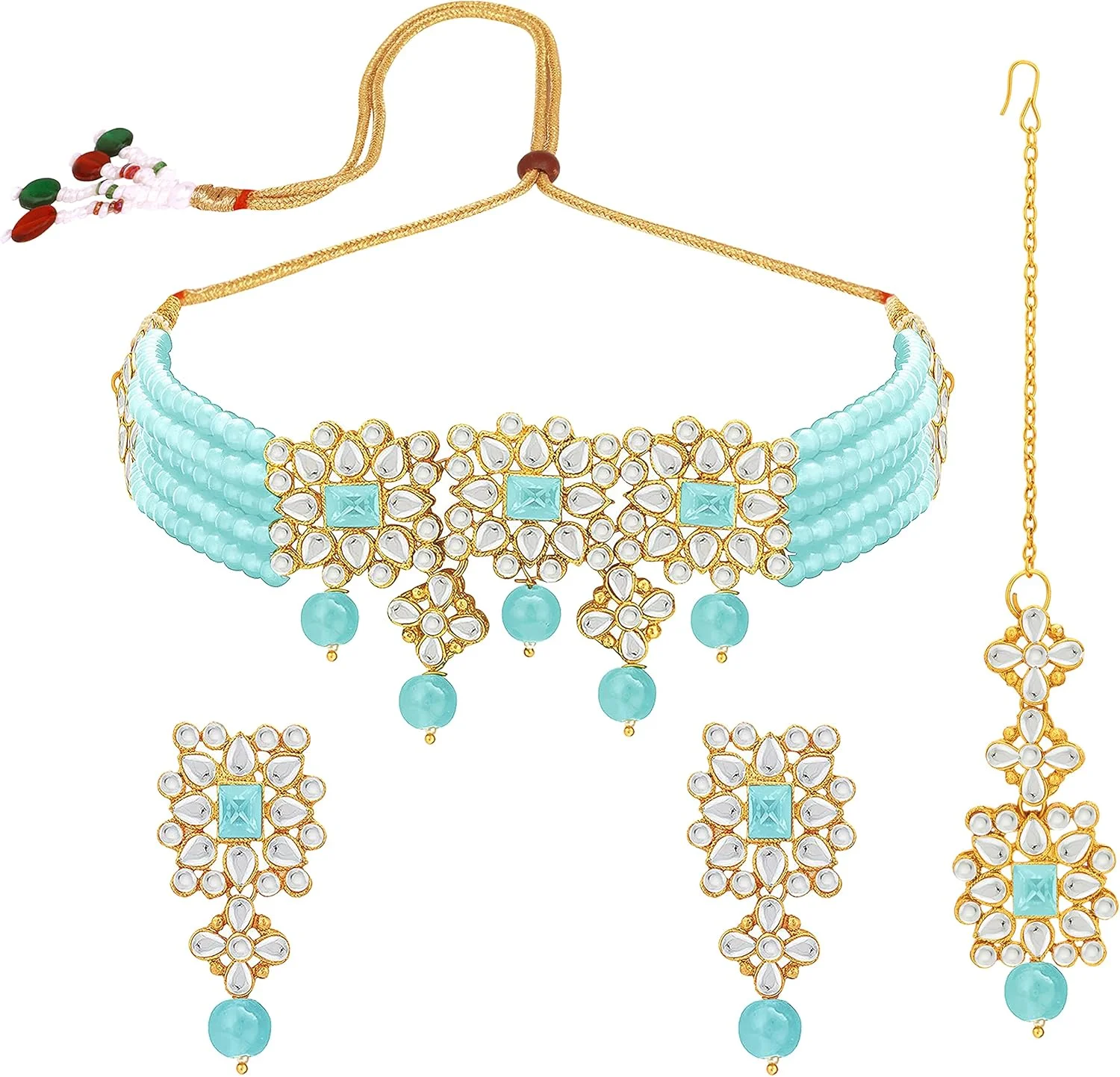 ست گردنبند، گوشواره و تیکا پیشانی هندی Aheli، زیورآلات سنتی بالیوودی برای بانوان ست گردنبند، گوشواره و تیکا پیشانی هندی Aheli، زیورآلات سنتی بالیوودی برای بانوان