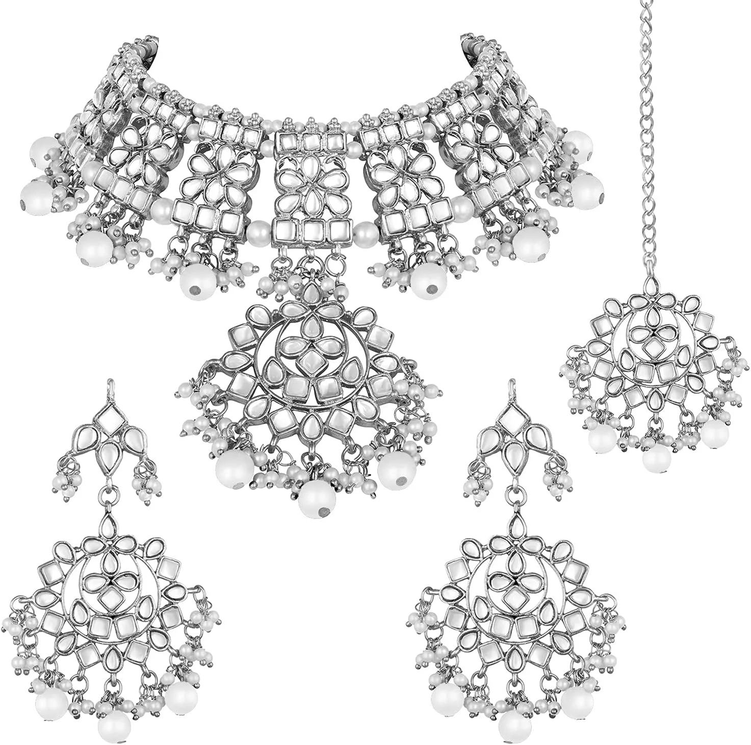 آویز پیشانی مانگ تیکا به سبک سنتی هندی همراه با ست گوشواره و گردنبند کندن، زیورآلات طراحی شده قومی برای مهمانی و عروسی، مخصوص بانوان