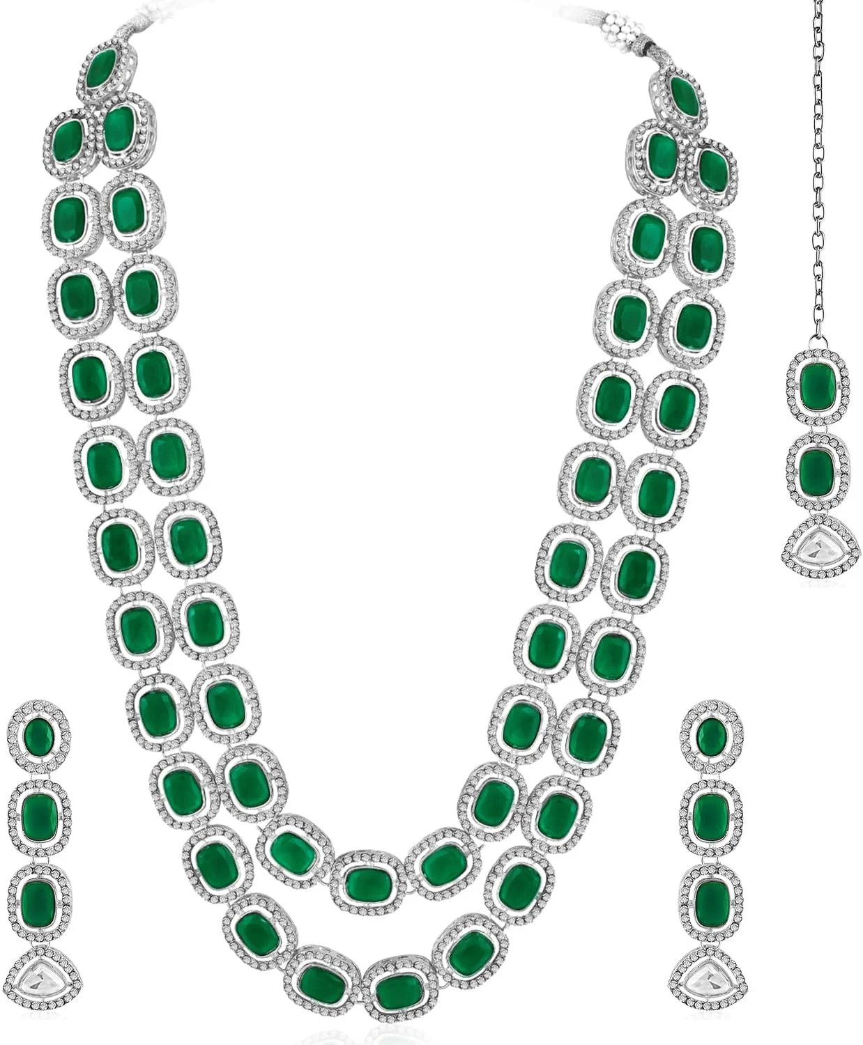 ست گردنبند دو لایه، گوشواره و مانگ تیکا زنانه با سنگ مصنوعی سبز و نگین های CZ، زیورآلات سنتی برای بانوان