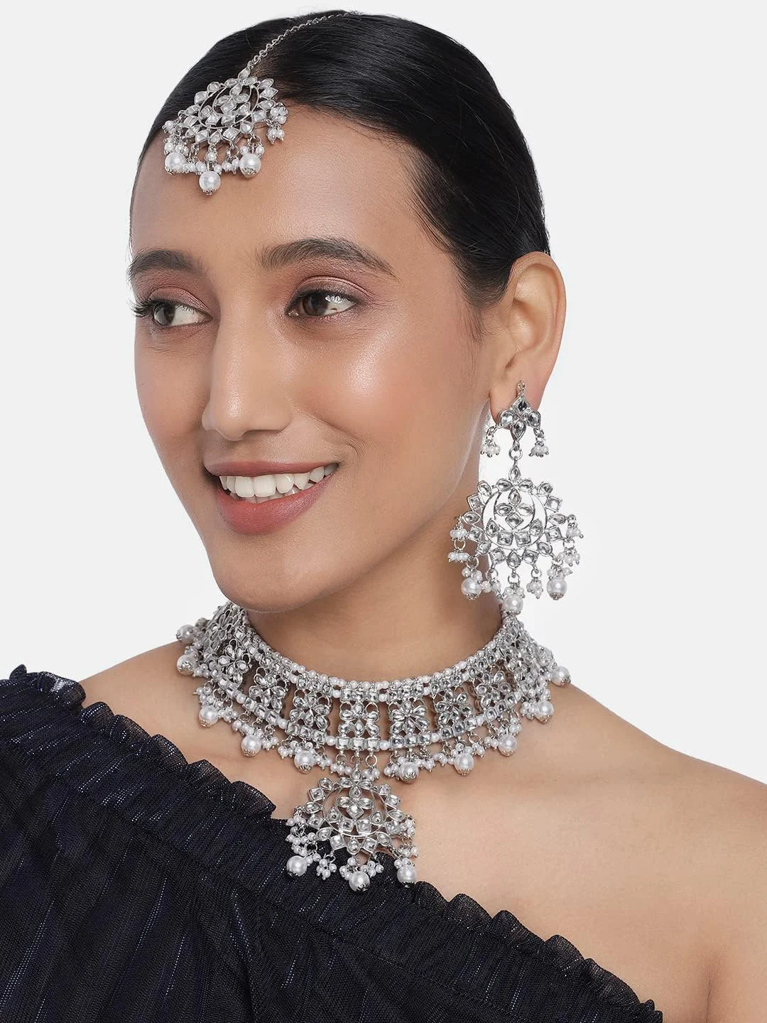 آویز پیشانی مانگ تیکا به سبک سنتی هندی همراه با ست گوشواره و گردنبند کندن، زیورآلات طراحی شده قومی برای مهمانی و عروسی، مخصوص بانوان