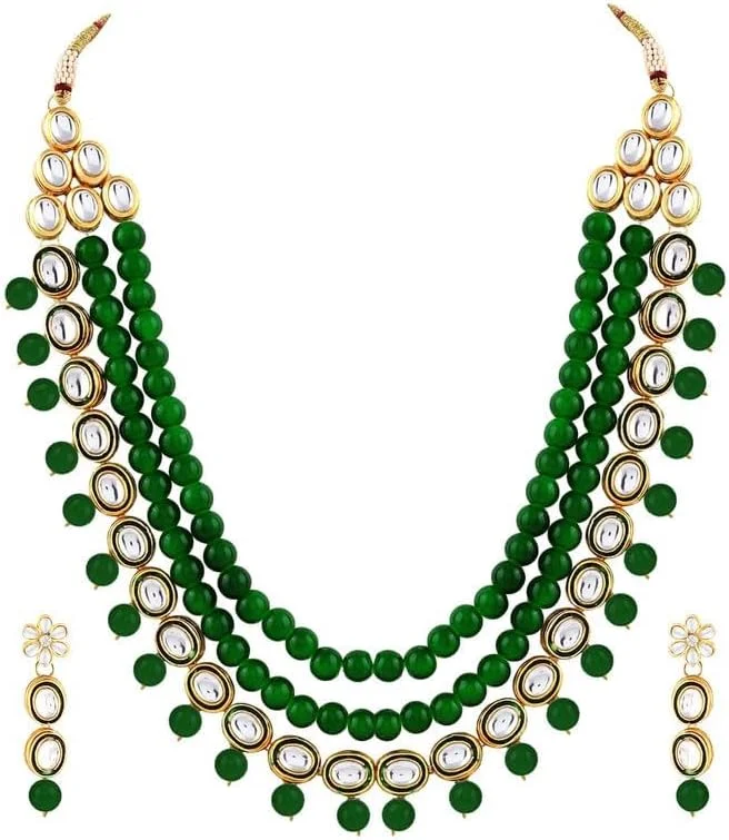 آویز گردنبند بلند مرواریدی طرح کندن مصنوعی Aheli به همراه گوشواره، ست جواهرات سنتی هندی مناسب برای بانوان