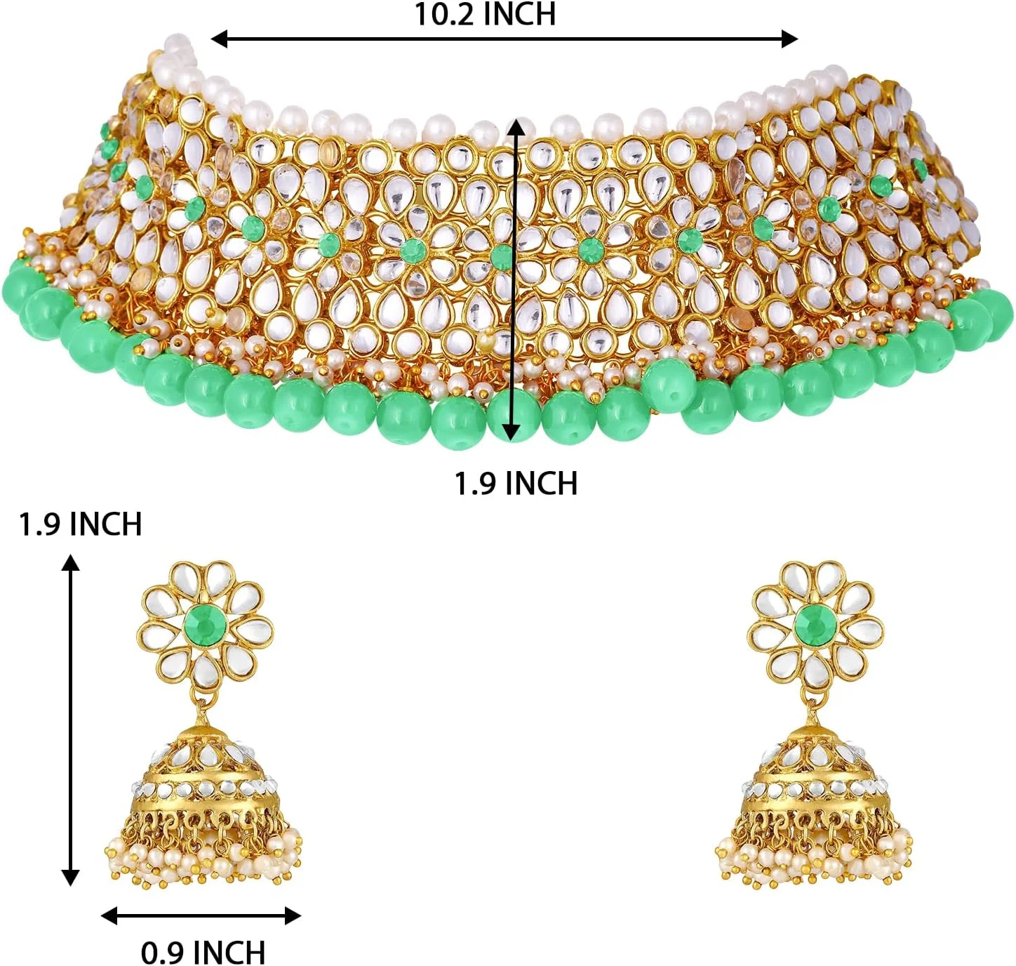 ست گردنبند چوکر نگین‌دار و مرواریدی به سبک سنتی هندی Aheli به همراه گوشواره‌های جومکی، مناسب برای مهمانی‌های بالیوودی و استفاده بانوان