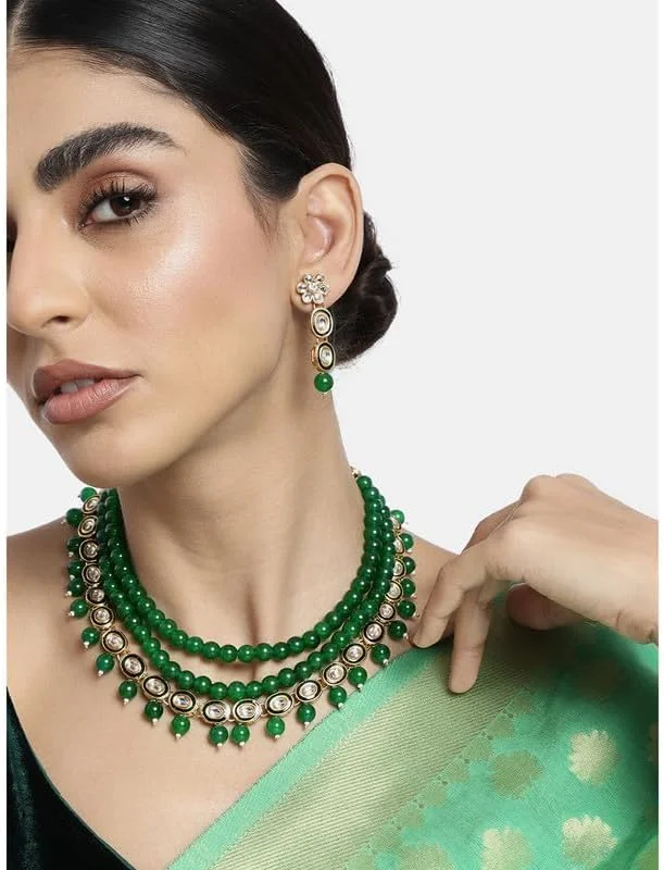 آویز گردنبند بلند مرواریدی طرح کندن مصنوعی Aheli به همراه گوشواره، ست جواهرات سنتی هندی مناسب برای بانوان