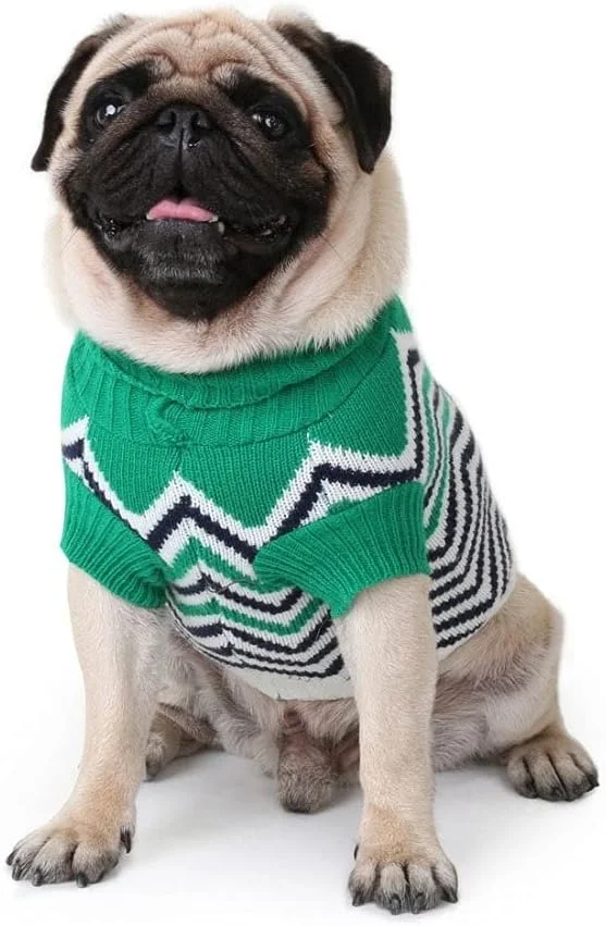لباس سگ AAZZXSX، پلیور سگ برای سگ های کوچک، طرح موجی یقه اسکی، پلیور بافتنی حیوانات خانگی، لباس های گرم پاییزی/زمستانی (آبی تیره، M)