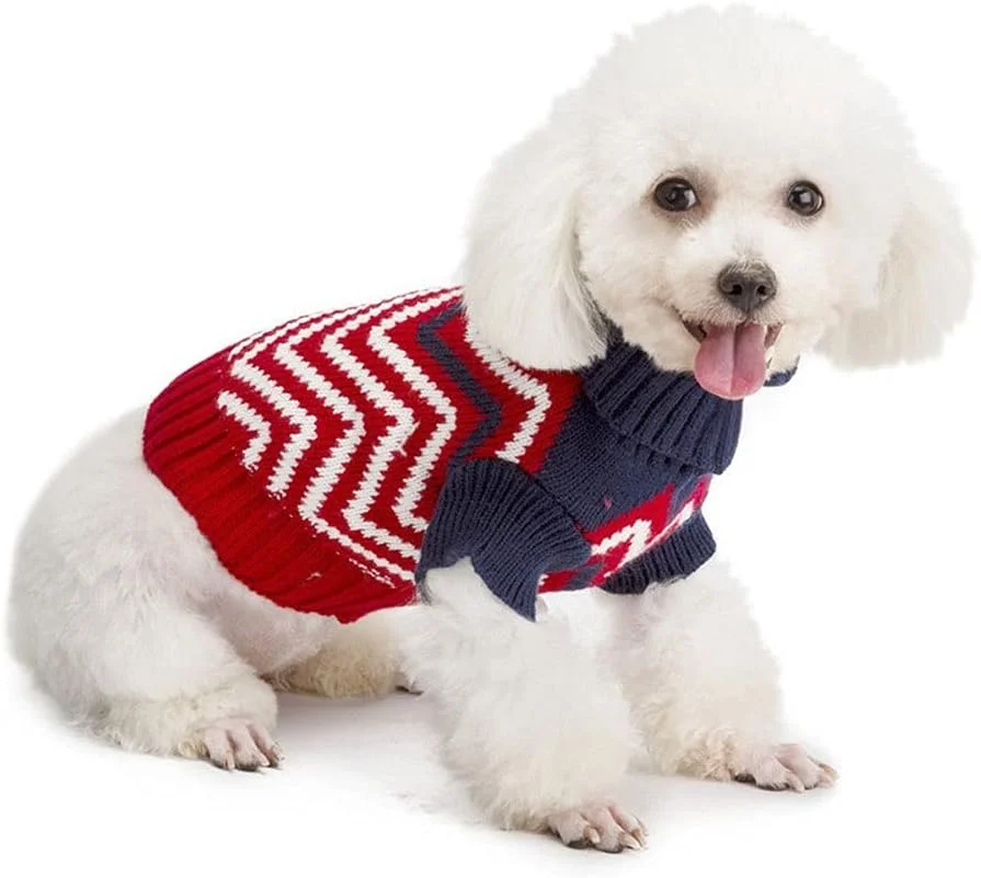 لباس سگ AAZZXSX، پلیور سگ برای سگ های کوچک، طرح موجی یقه اسکی، پلیور بافتنی حیوانات خانگی، لباس های گرم پاییزی/زمستانی (آبی تیره، M)