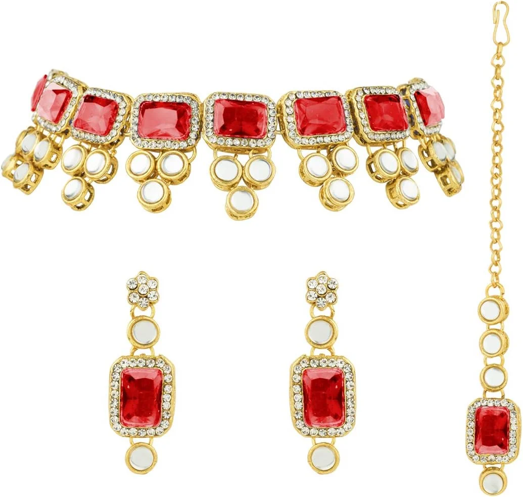 ست جواهرات زنانه شامل گردنبند، گوشواره و تیکا پیشانی با طرح قومی و سنگ های مصنوعی آبی رنگ، مناسب برای مجالس و مهمانی ها ست جواهرات زنانه شامل گردنبند، گوشواره و تیکا پیشانی با طرح قومی و سنگ های مصنوعی آبی رنگ، مناسب برای مجالس و مهمانی ها