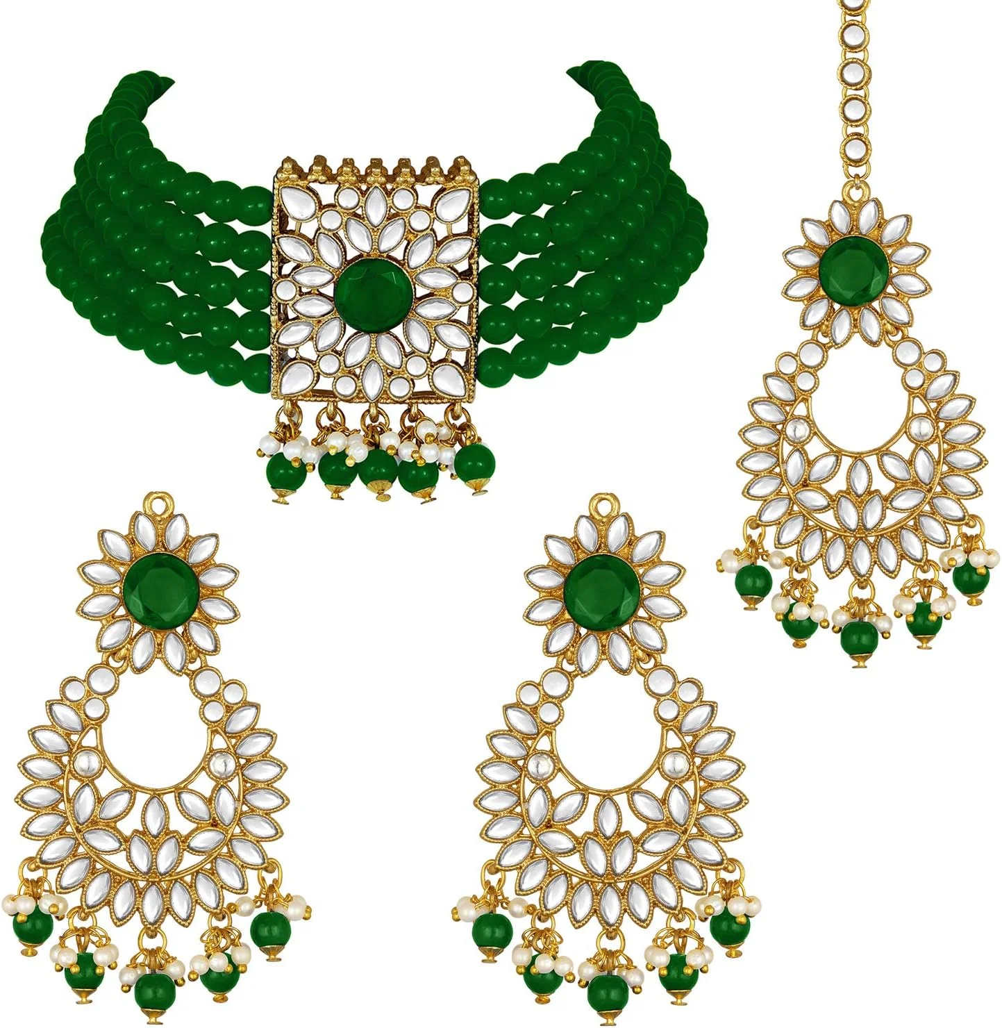 ست گردنبند چوکر گلدار مرواریدی مصنوعی کندان، گوشواره و مانگ تیکا به سبک سنتی هندی بالیوودی برای زنان ست گردنبند چوکر گلدار مرواریدی مصنوعی کندان، گوشواره و مانگ تیکا به سبک سنتی هندی بالیوودی برای زنان