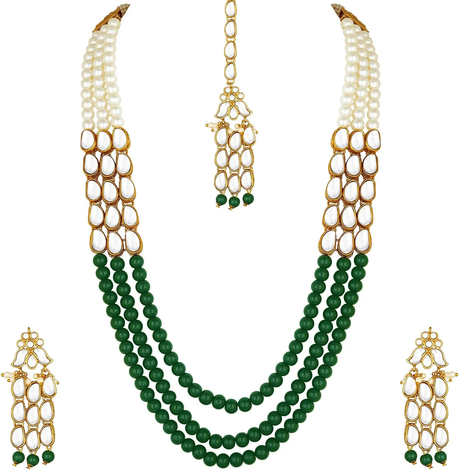 آهلی گردنبند بلند مرواریدی Kundan مصنوعی با گوشواره و مانگ تیکا، ست جواهرات سنتی بالیوودی هندی برای زنان و دختران آهلی گردنبند بلند مرواریدی Kundan مصنوعی با گوشواره و مانگ تیکا، ست جواهرات سنتی بالیوودی هندی برای زنان و دختران