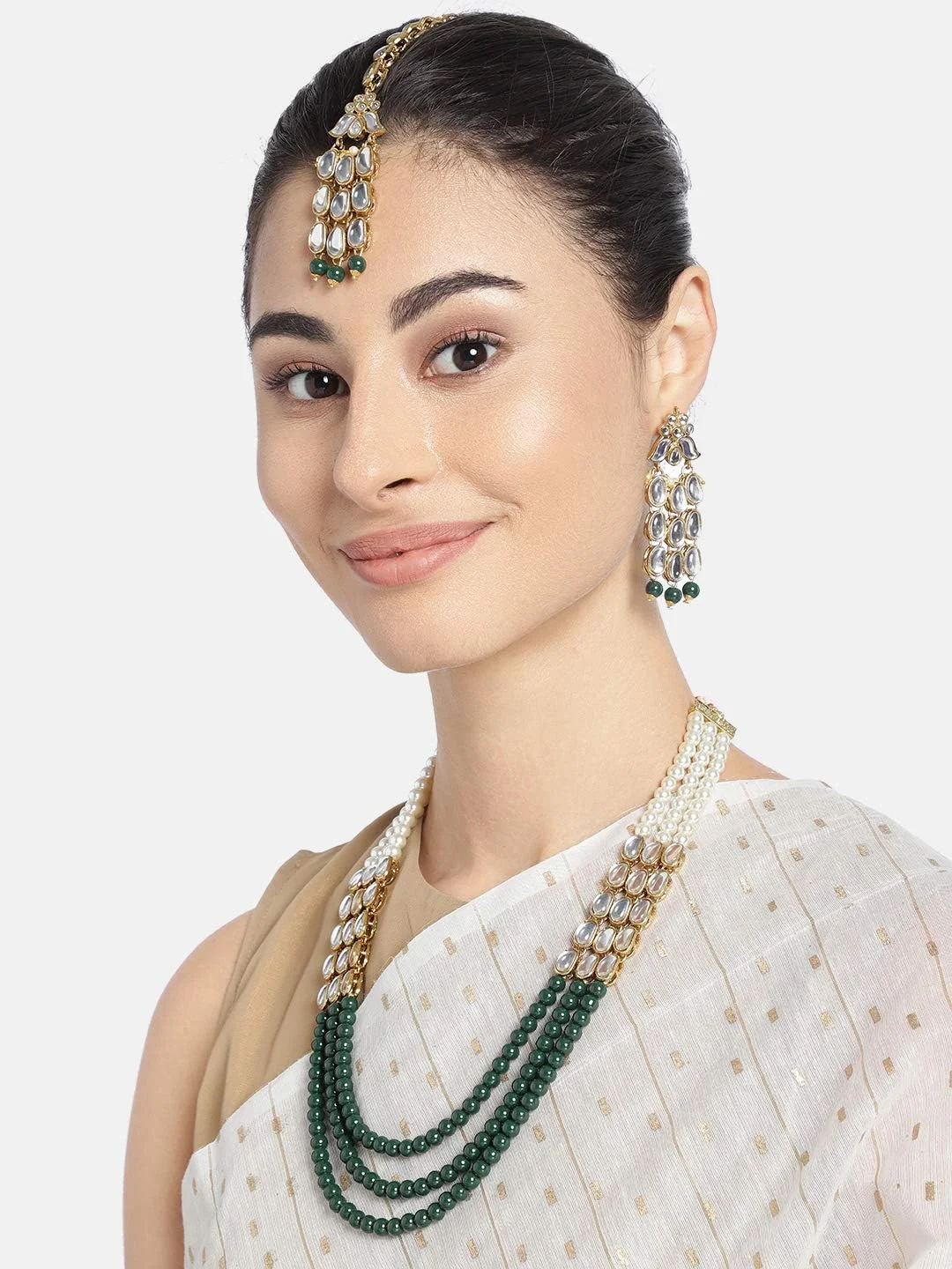 آهلی گردنبند بلند مرواریدی Kundan مصنوعی با گوشواره و مانگ تیکا، ست جواهرات سنتی بالیوودی هندی برای زنان و دختران آهلی گردنبند بلند مرواریدی Kundan مصنوعی با گوشواره و مانگ تیکا، ست جواهرات سنتی بالیوودی هندی برای زنان و دختران