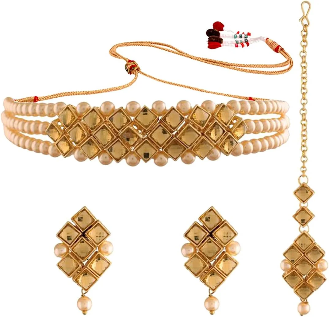 آهلی گردنبند چوکر عروس مروارید مصنوعی Kundan، ست جواهرات سنتی بالیوودی هندی با گوشواره و مانگ تیکا برای زنان و دختران آهلی گردنبند چوکر عروس مروارید مصنوعی Kundan، ست جواهرات سنتی بالیوودی هندی با گوشواره و مانگ تیکا برای زنان و دختران