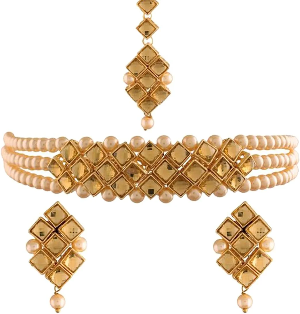 آهلی گردنبند چوکر عروس مروارید مصنوعی Kundan، ست جواهرات سنتی بالیوودی هندی با گوشواره و مانگ تیکا برای زنان و دختران آهلی گردنبند چوکر عروس مروارید مصنوعی Kundan، ست جواهرات سنتی بالیوودی هندی با گوشواره و مانگ تیکا برای زنان و دختران