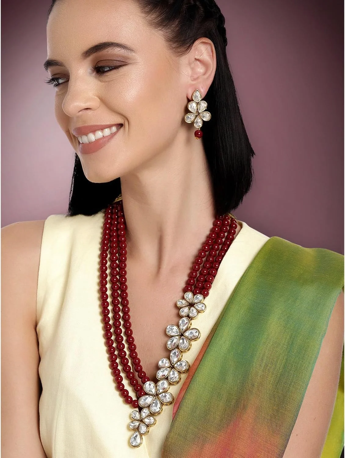 ست گردنبند گلدار کریستالی مرواریدی آویز گوشواره ای الهه، جواهرات قومی سنتی بالیوودی هندی برای زنان و دختران ست گردنبند گلدار کریستالی مرواریدی آویز گوشواره ای الهه، جواهرات قومی سنتی بالیوودی هندی برای زنان و دختران