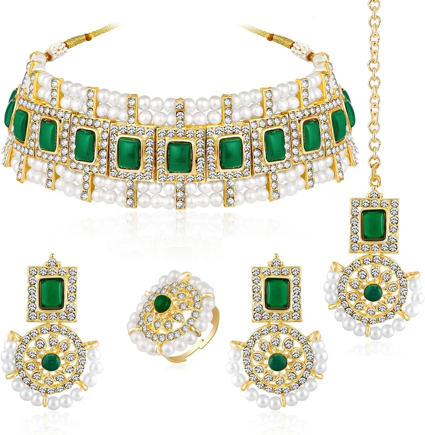 ست زیورآلات زنانه شامل گردنبند، گوشواره، مانگتیکا و انگشتر نگین‌دار با سنگ مصنوعی سبز، زیرکونیا و مهره