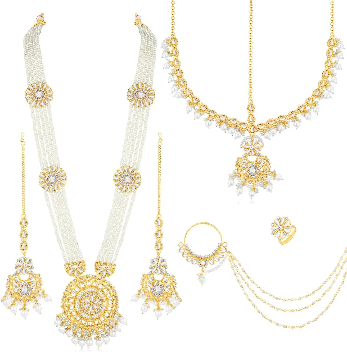 ست جواهرات عروس شامل گردنبند بلند، گوشواره، مانگتیکا، ناتیا و انگشتر نگین دار زنانه