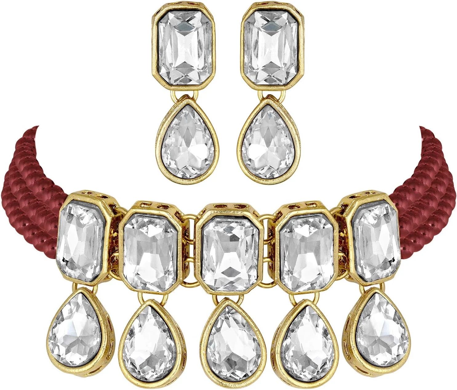 آویز گردنبند بلند مرواریدی کریستالی Aheli با گوشواره های آویز، ست جواهرات قومیتی سنتی بالیوودی هندی برای زنان و دختران