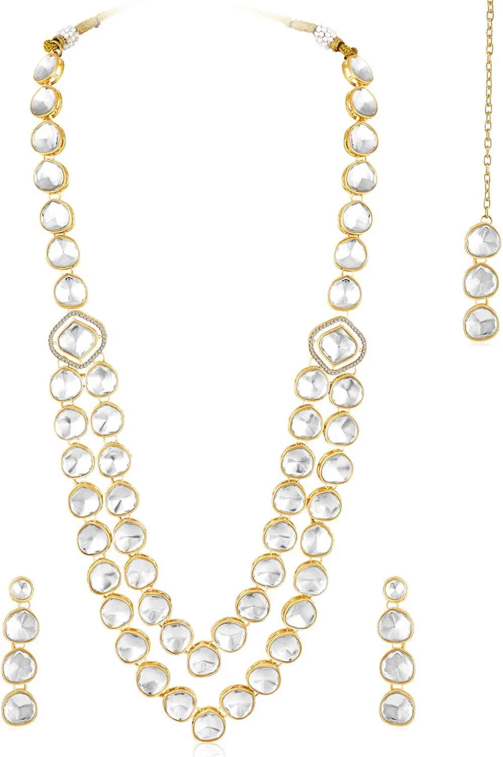 ست جواهرات زنانه شامل گردنبند بلند، گوشواره آویز و مانگ تیکا با سنگ مصنوعی سفید و زیرکونیا