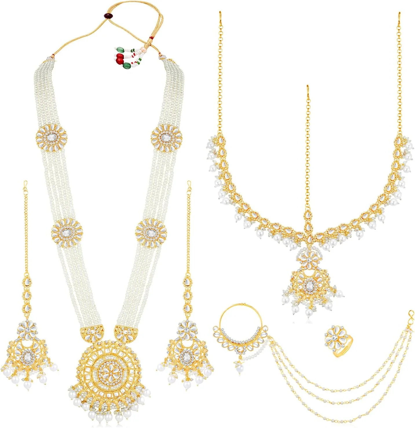 ست جواهرات عروس شامل گردنبند بلند، گوشواره، مانگتیکا، ناتیا و انگشتر نگین دار زنانه ست جواهرات عروس شامل گردنبند بلند، گوشواره، مانگتیکا، ناتیا و انگشتر نگین دار زنانه