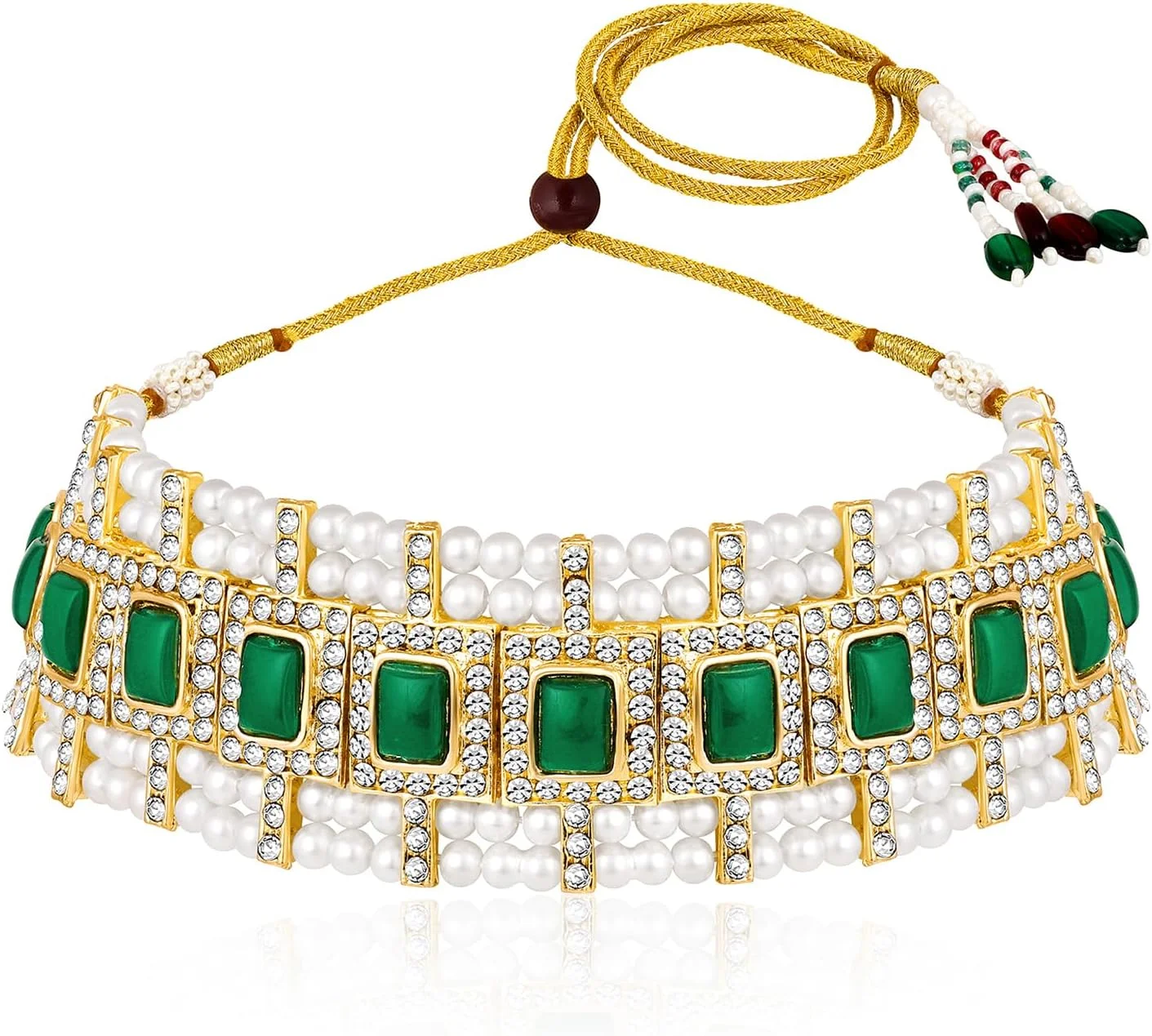 ست زیورآلات زنانه شامل گردنبند، گوشواره، مانگتیکا و انگشتر نگین‌دار با سنگ مصنوعی سبز، زیرکونیا و مهره