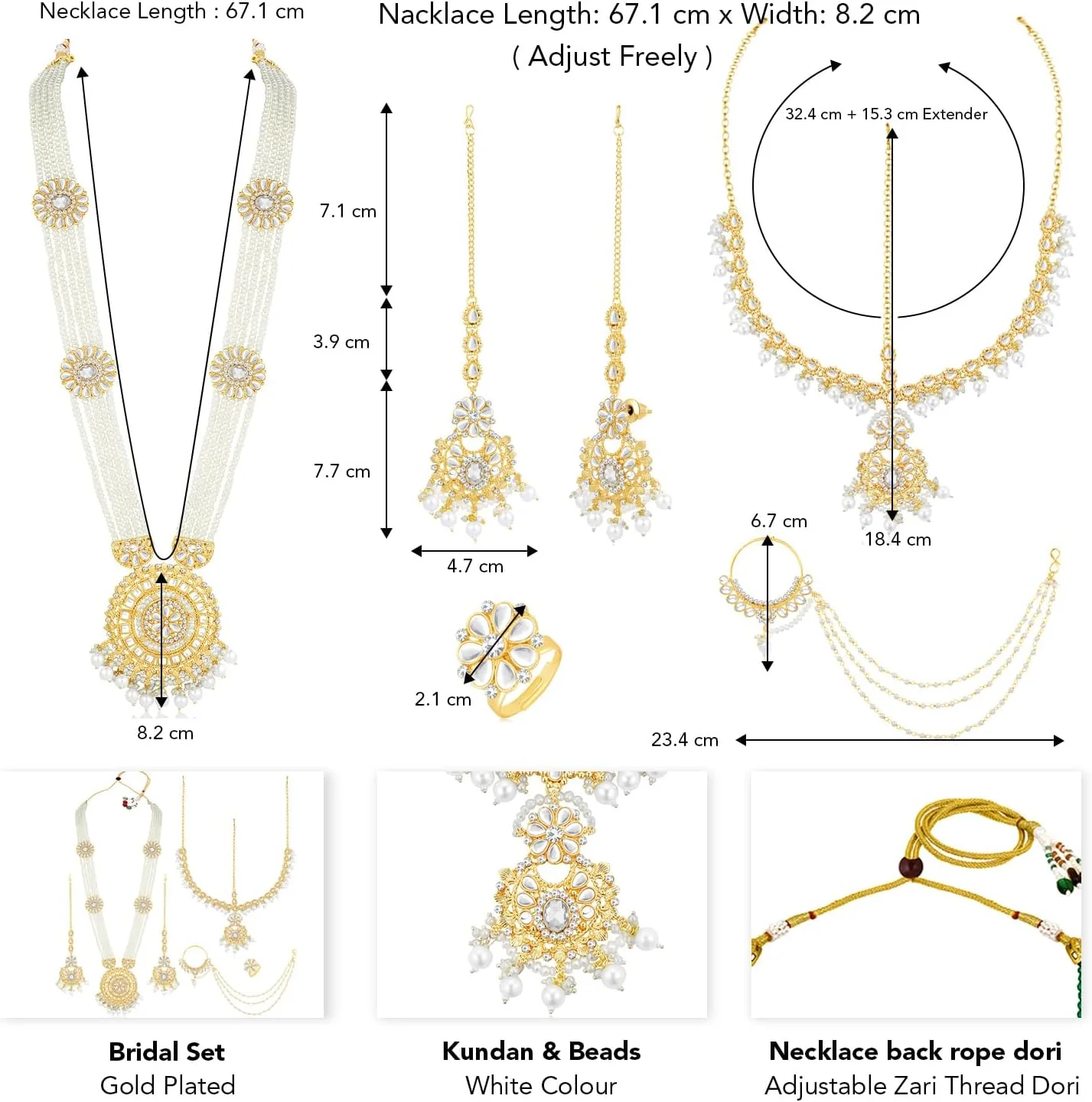 ست جواهرات عروس شامل گردنبند بلند، گوشواره، مانگتیکا، ناتیا و انگشتر نگین دار زنانه ست جواهرات عروس شامل گردنبند بلند، گوشواره، مانگتیکا، ناتیا و انگشتر نگین دار زنانه
