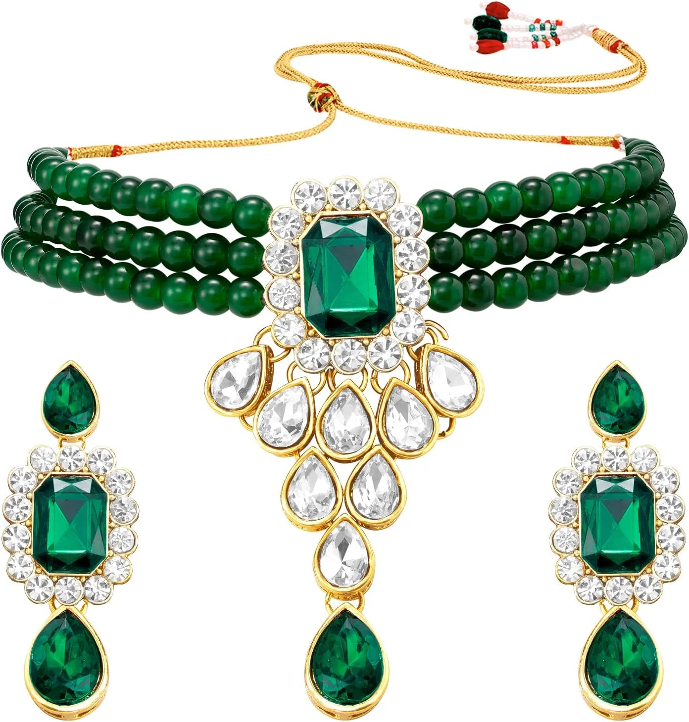 ست زیورآلات زنانه شامل گردنبند آویز و گوشواره کندن، مناسب مهمانی عروسی، طراحی سنتی و قومی