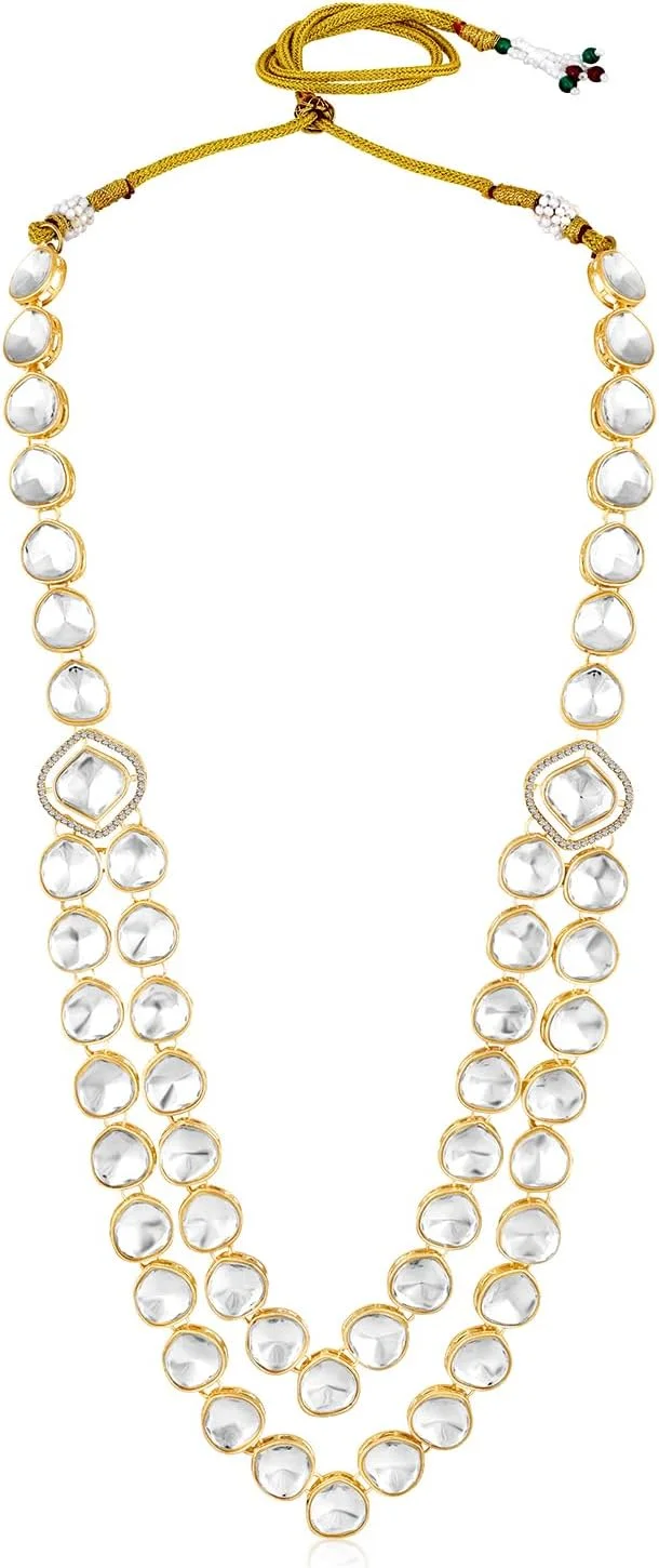 ست جواهرات زنانه شامل گردنبند بلند، گوشواره آویز و مانگ تیکا با سنگ مصنوعی سفید و زیرکونیا