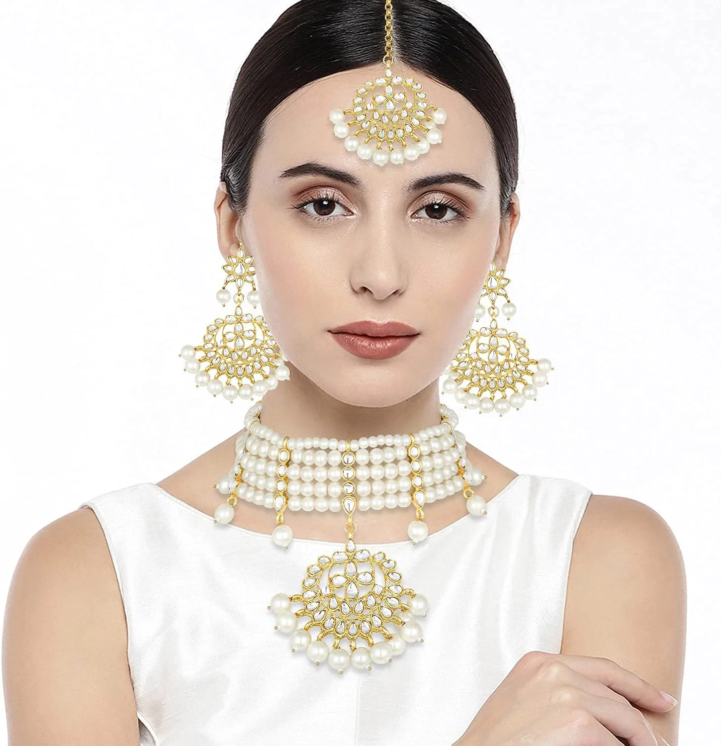 ست گردنبند، گوشواره و تیکا پیشانی طرح کندن مصنوعی Aheli، زیورآلات مد روز قومی هندی برای عروسی، مناسب بانوان