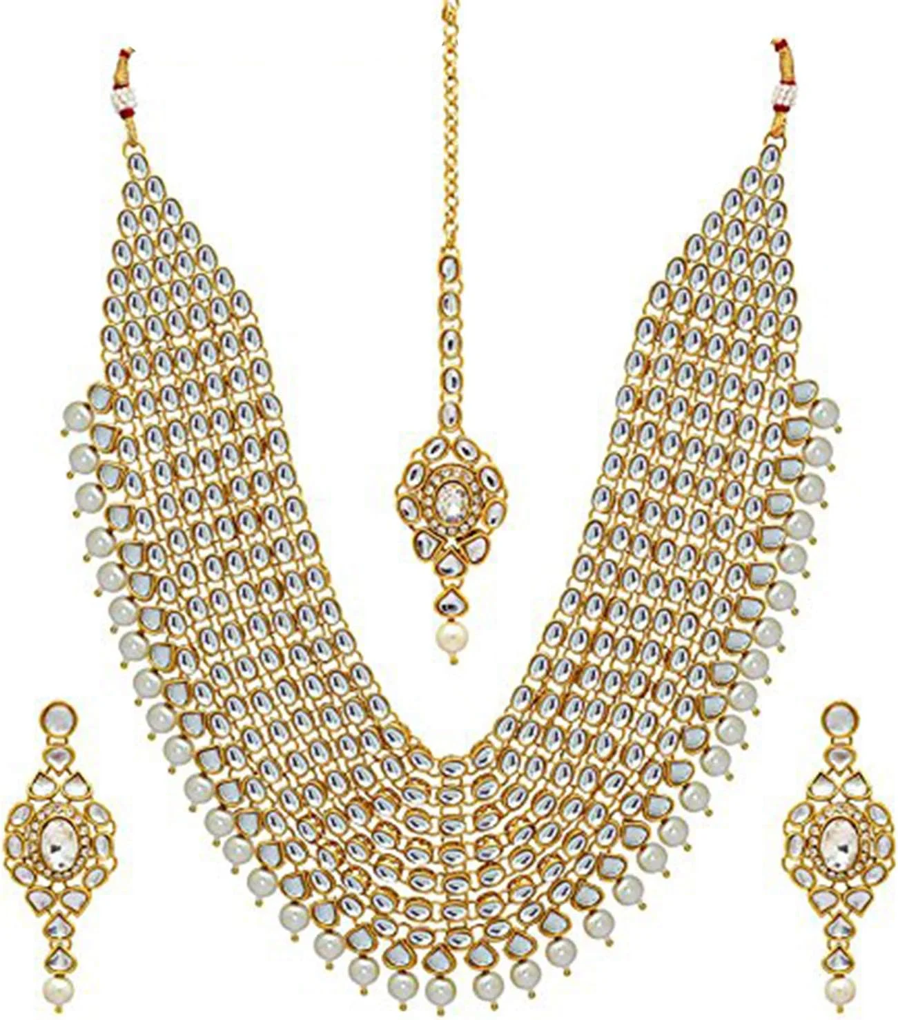 ست گردنبند لایه ای مرواریدی Kundan مصنوعی به سبک بالیوود سنتی هندی Aheli به همراه گوشواره و مانگ تیکا برای زنان و دختران