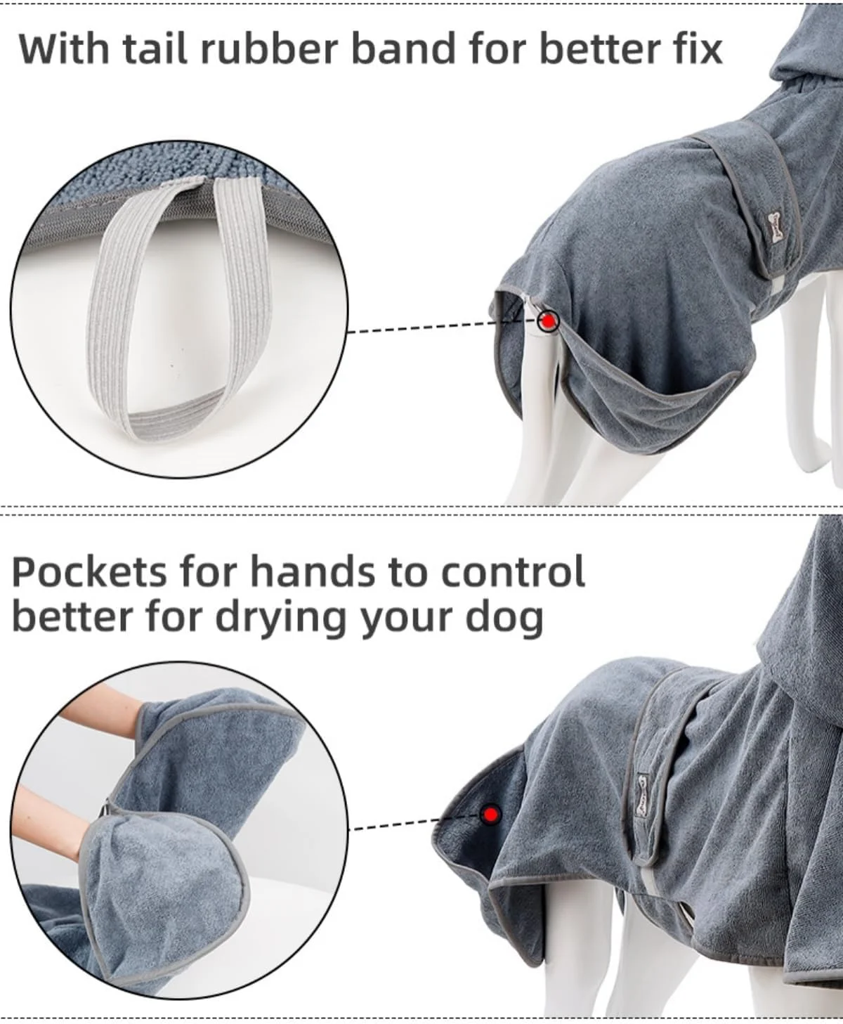 حوله تن پوش سگ با قابلیت جذب بالا و قابل تنظیم برای توله سگ، سگ های متوسط و بزرگ، 100% میکروفایبر با قابلیت خشک شدن سریع و جیب های کاربردی - ایده آل برای حمام، شنا و نظافت - خاکستری بزرگ