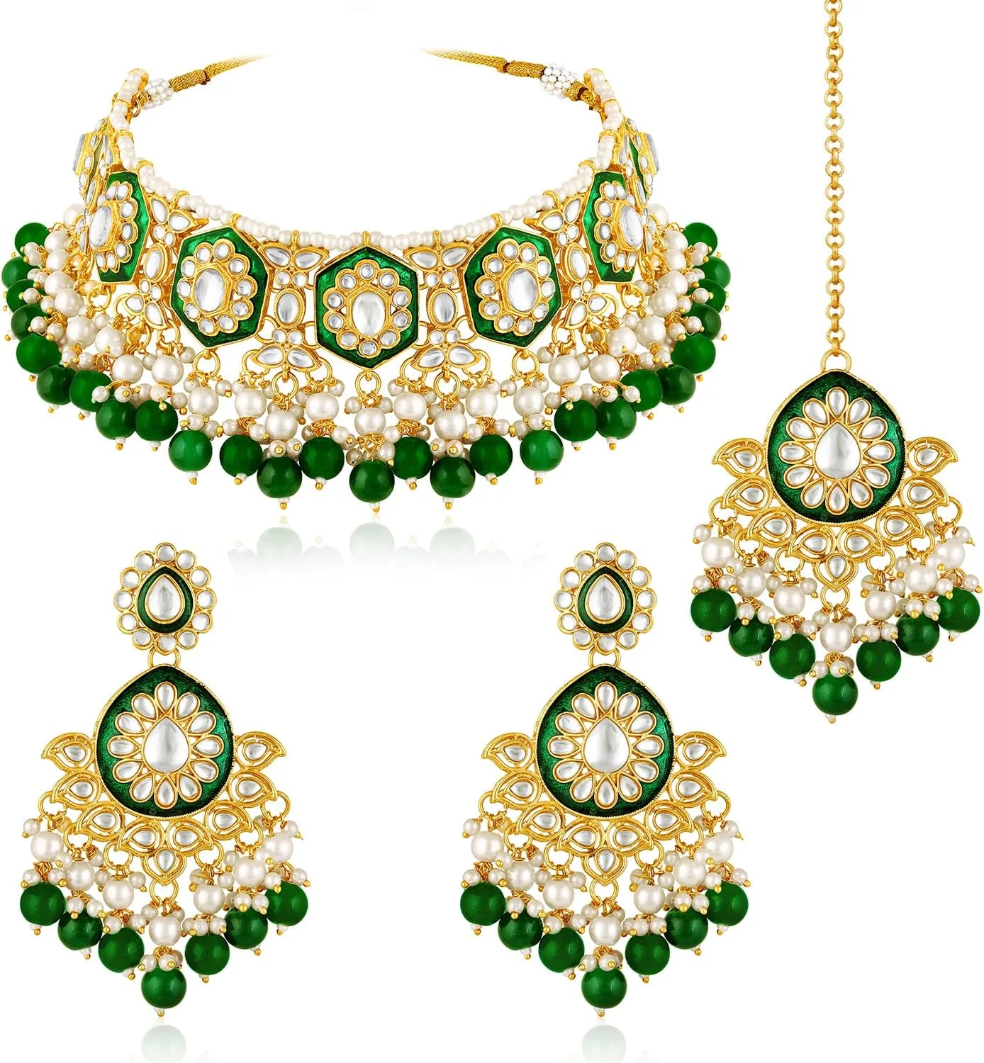 ست گردنبند، گوشواره های نگین دار و مانگ تیکا زنانه طرح سبز کندن و مهره