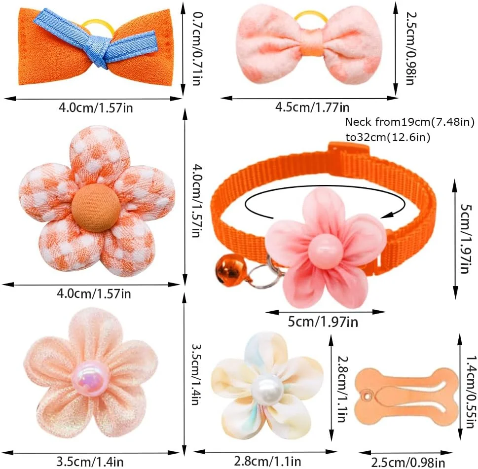 ست 25 عددی لوازم جانبی مو سگ برای سگ های کوچک و متوسط، پاپیون های گلدار با کش مو، گیره مو سگ، قلاده زنگوله ای گلدار برای سگ های پسر و دختر نژاد پامرانین یورکی پودل مالتیز شیتزو (نارنجی)