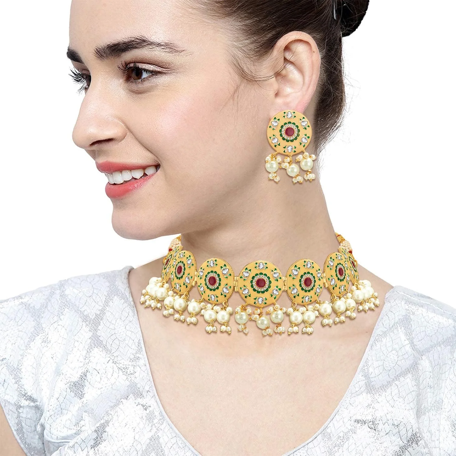 گردنبند چوکر میناکاری شده دست ساز Aheli با گوشواره، ست جواهرات سنتی هندی برای زنان