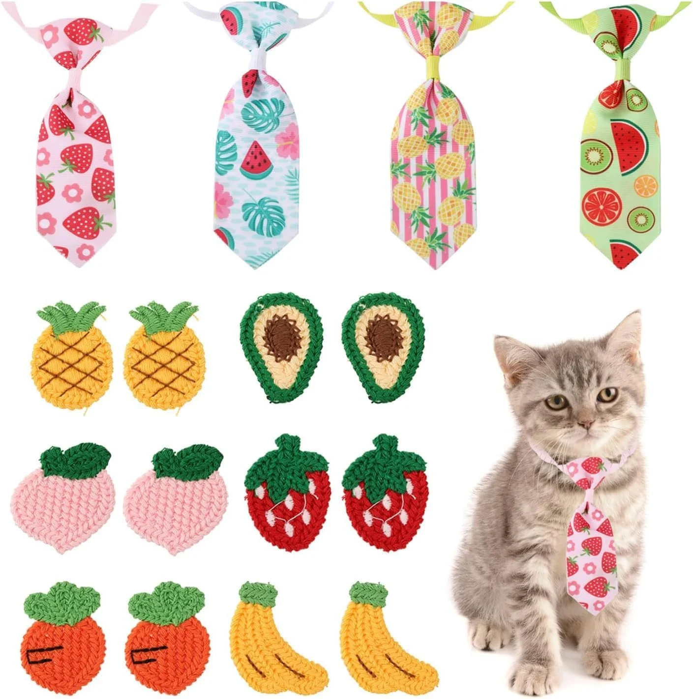 4 عدد پاپیون قابل تنظیم با 12 عدد تزئینات میوه ای، اتصال DIY برای سگ و گربه خانگی، توت فرنگی، هلو، آووکادو برای آراستگی، استفاده روزانه، مهمانی، لباس های تعطیلات