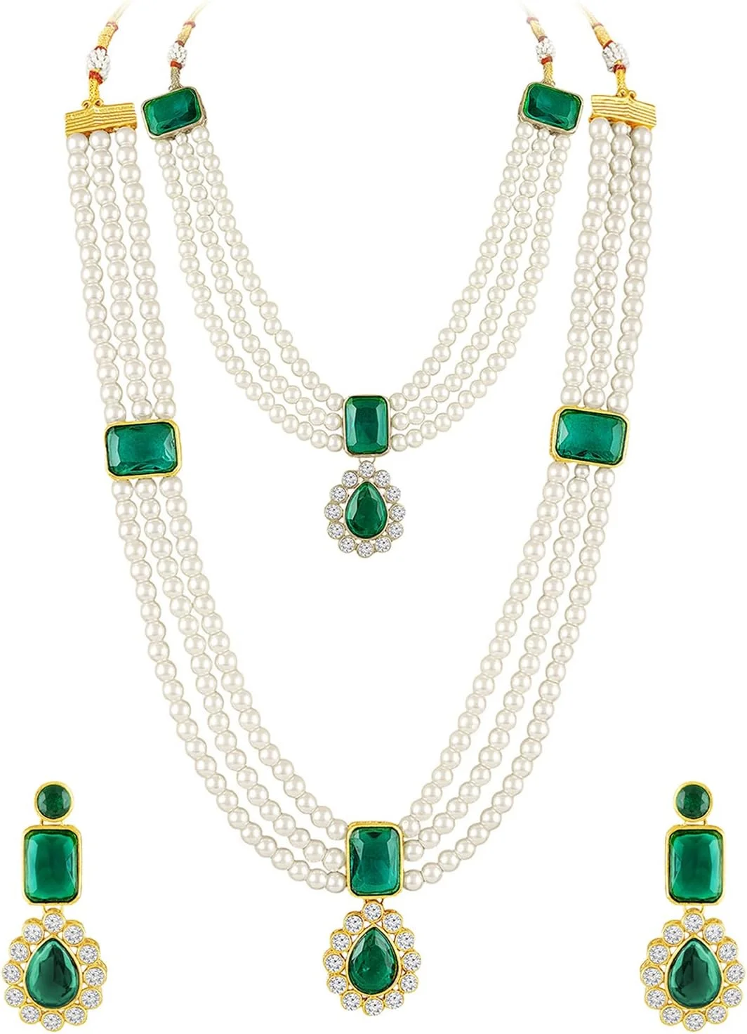 آهلی ست گردنبند کوتاه و بلند با کریستال‌های سبز و مهره‌دار و گوشواره، مناسب عروس، زیورآلات مد روز زنانه