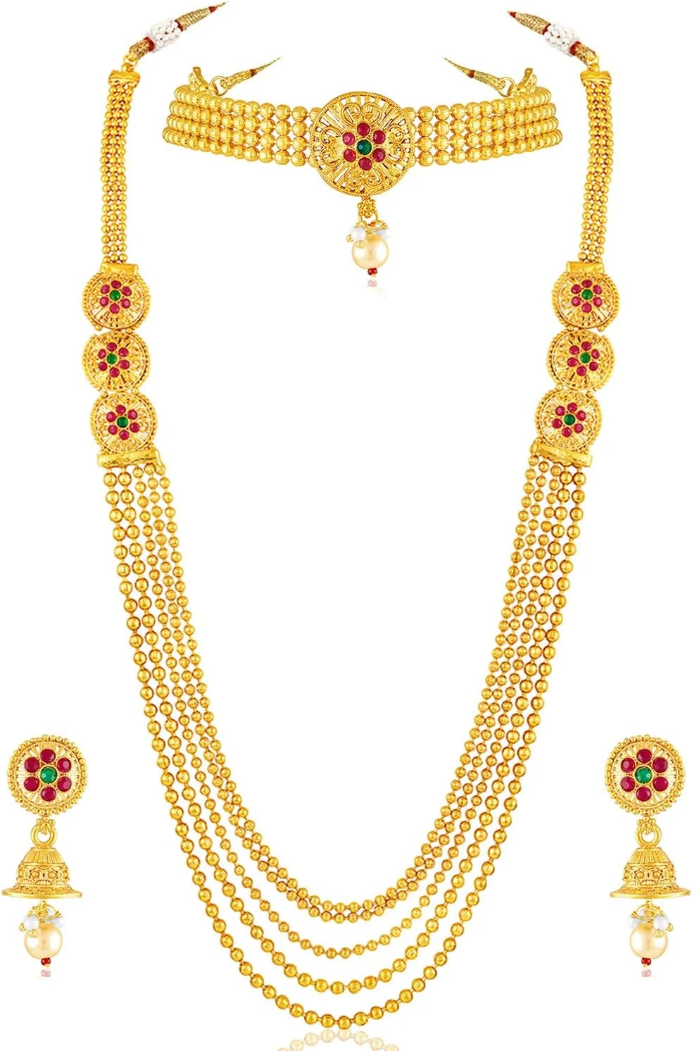 آهلی ست گردنبند کوتاه و بلند نگین دار یاقوت مصنوعی و مهره ای با گوشواره، زیورآلات مجلسی قومی برای بانوان