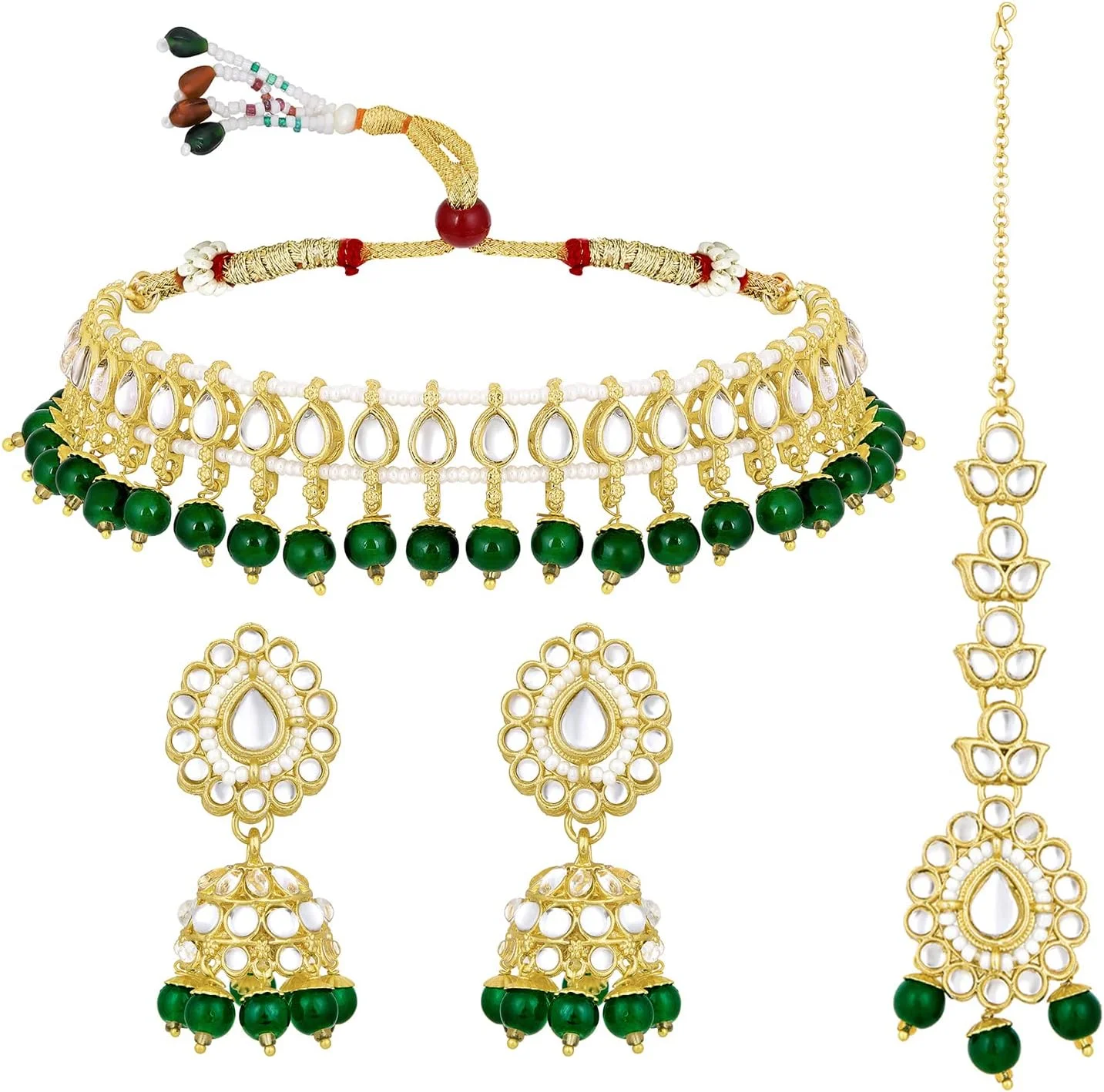 آهلی، ست گردنبند چوکر نگین کاری شده با سنگ های قیمتی، گوشواره های جومکی و تیکا مانگ، زیورآلات مد روز قومی هدیه برای زنان آهلی، ست گردنبند چوکر نگین کاری شده با سنگ های قیمتی، گوشواره های جومکی و تیکا مانگ، زیورآلات مد روز قومی هدیه برای زنان