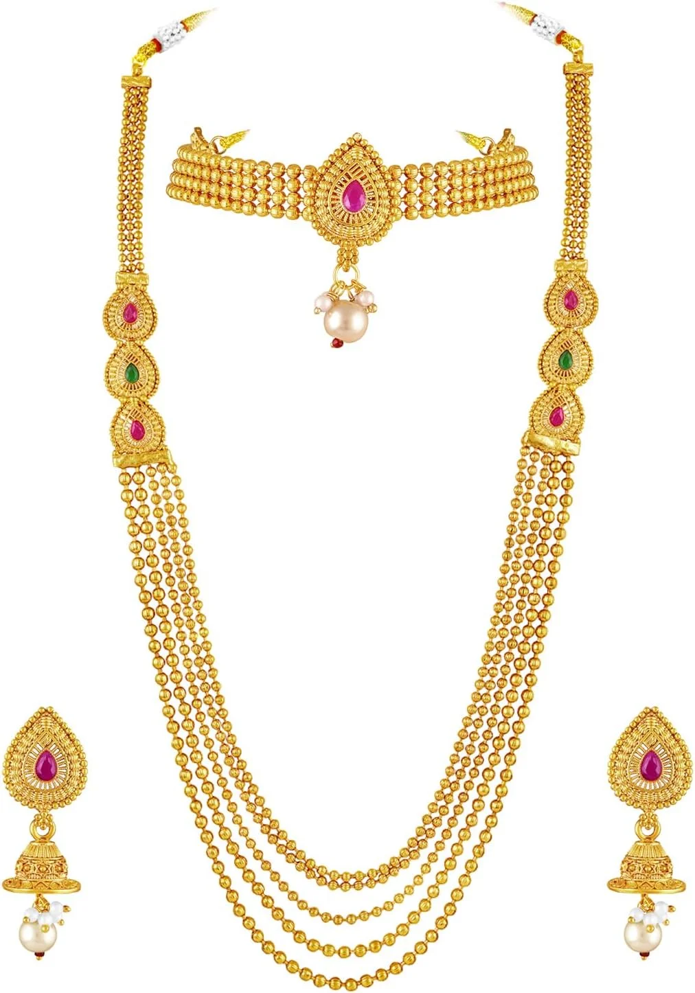 آهلی، ست گوشواره و گردنبند کوتاه و بلند زنانه با نگین یاقوت مصنوعی و مهره، جواهرات فشن مناسب عروس آهلی، ست گوشواره و گردنبند کوتاه و بلند زنانه با نگین یاقوت مصنوعی و مهره، جواهرات فشن مناسب عروس