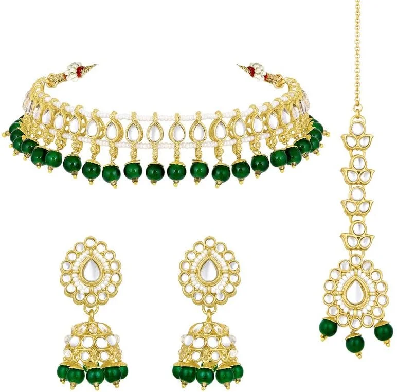 آهلی، ست گردنبند چوکر نگین کاری شده با سنگ های قیمتی، گوشواره های جومکی و تیکا مانگ، زیورآلات مد روز قومی هدیه برای زنان آهلی، ست گردنبند چوکر نگین کاری شده با سنگ های قیمتی، گوشواره های جومکی و تیکا مانگ، زیورآلات مد روز قومی هدیه برای زنان