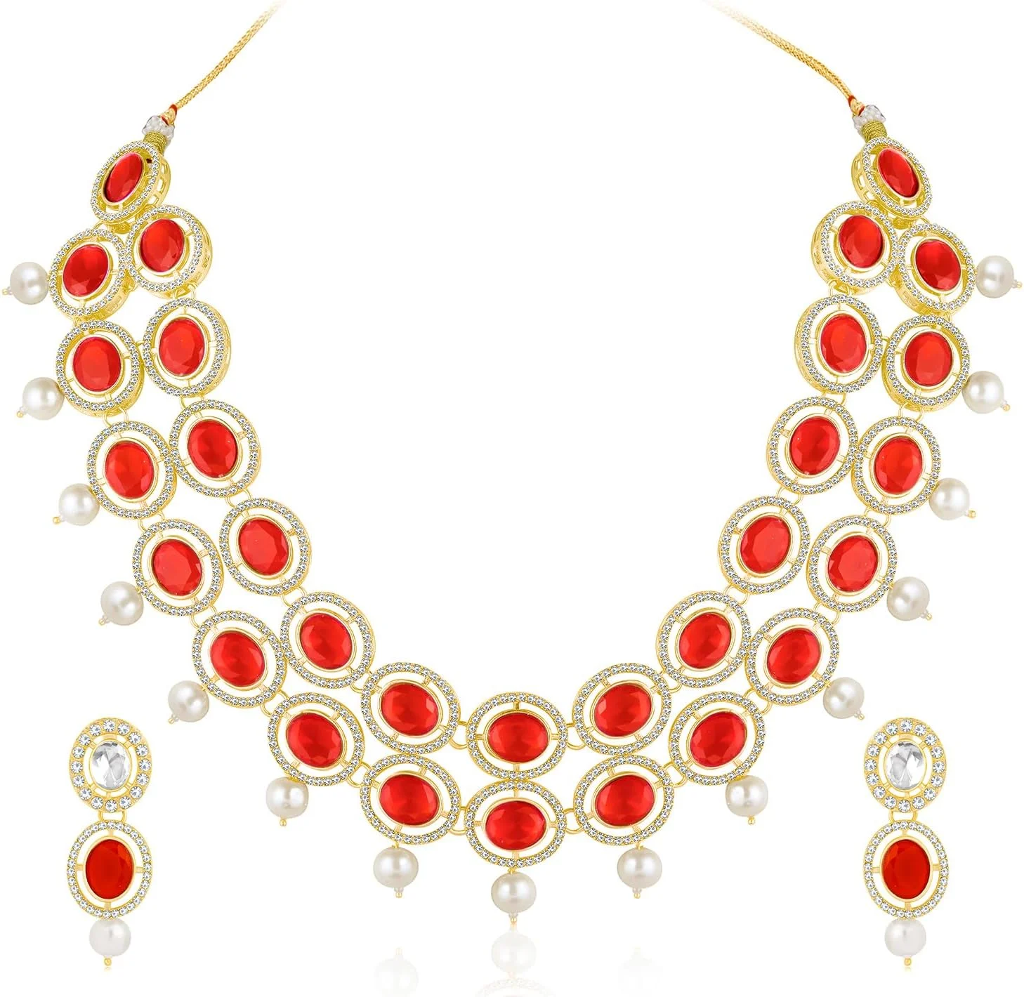 ست جواهرات زنانه شامل گردنبند نگیندار با زیرکونیا، سنگ مصنوعی و مهره و گوشواره آویز ست جواهرات زنانه شامل گردنبند نگیندار با زیرکونیا، سنگ مصنوعی و مهره و گوشواره آویز