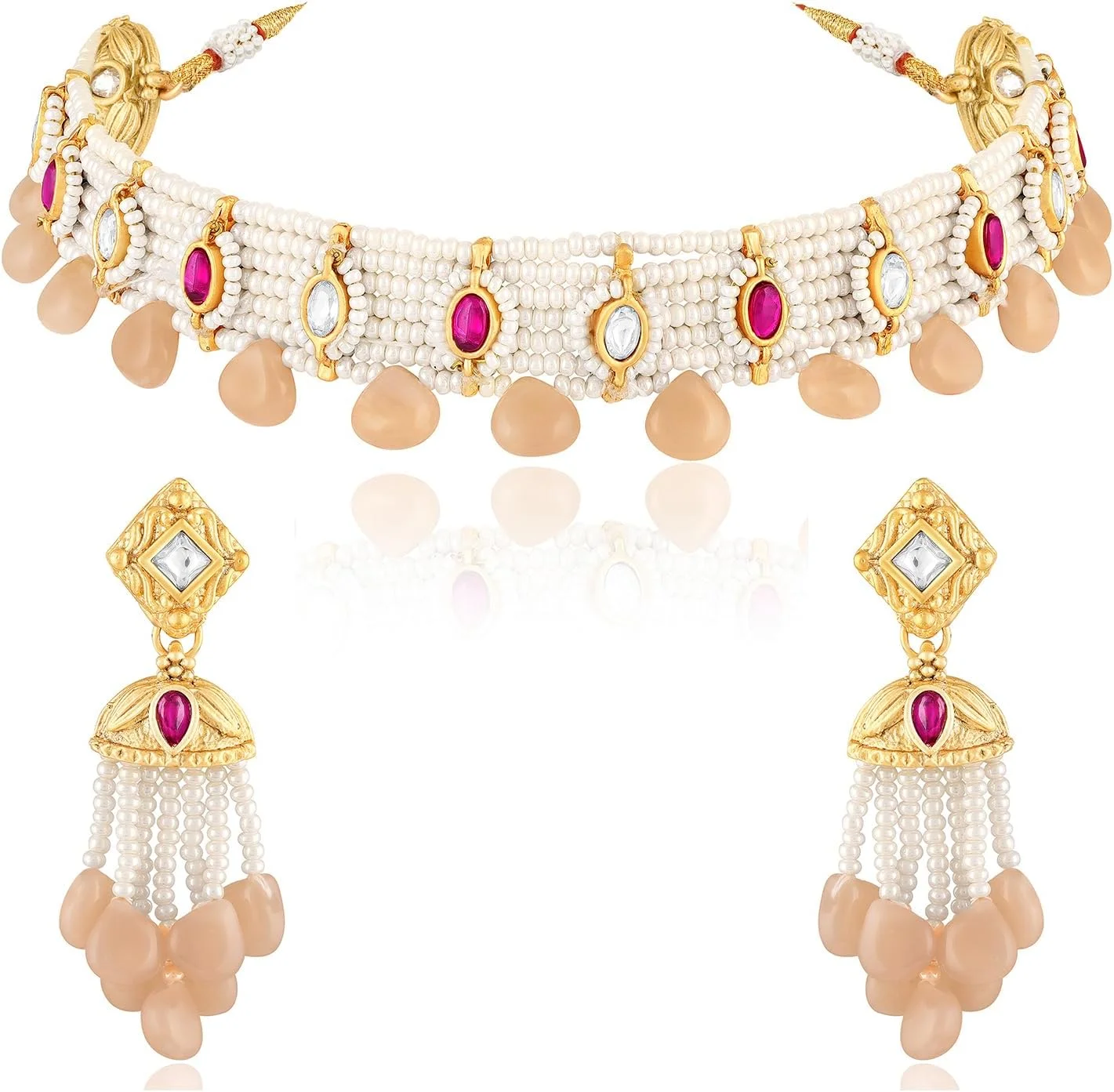 آهلی - ست گردنبند و گوشواره زنانه با سنگ های یاقوت مصنوعی هلویی و مهره کاری آهلی - ست گردنبند و گوشواره زنانه با سنگ های یاقوت مصنوعی هلویی و مهره کاری