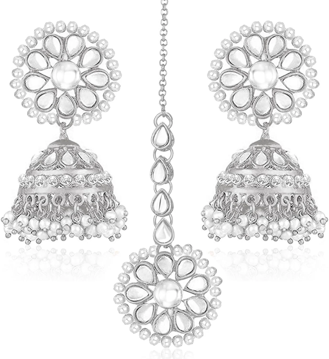 آهلی، ست گوشواره های جومکی و مانگ تیکا با نگین های کندان و مهره های نقره ای، جواهرات قومی برای زنان آهلی، ست گوشواره های جومکی و مانگ تیکا با نگین های کندان و مهره های نقره ای، جواهرات قومی برای زنان