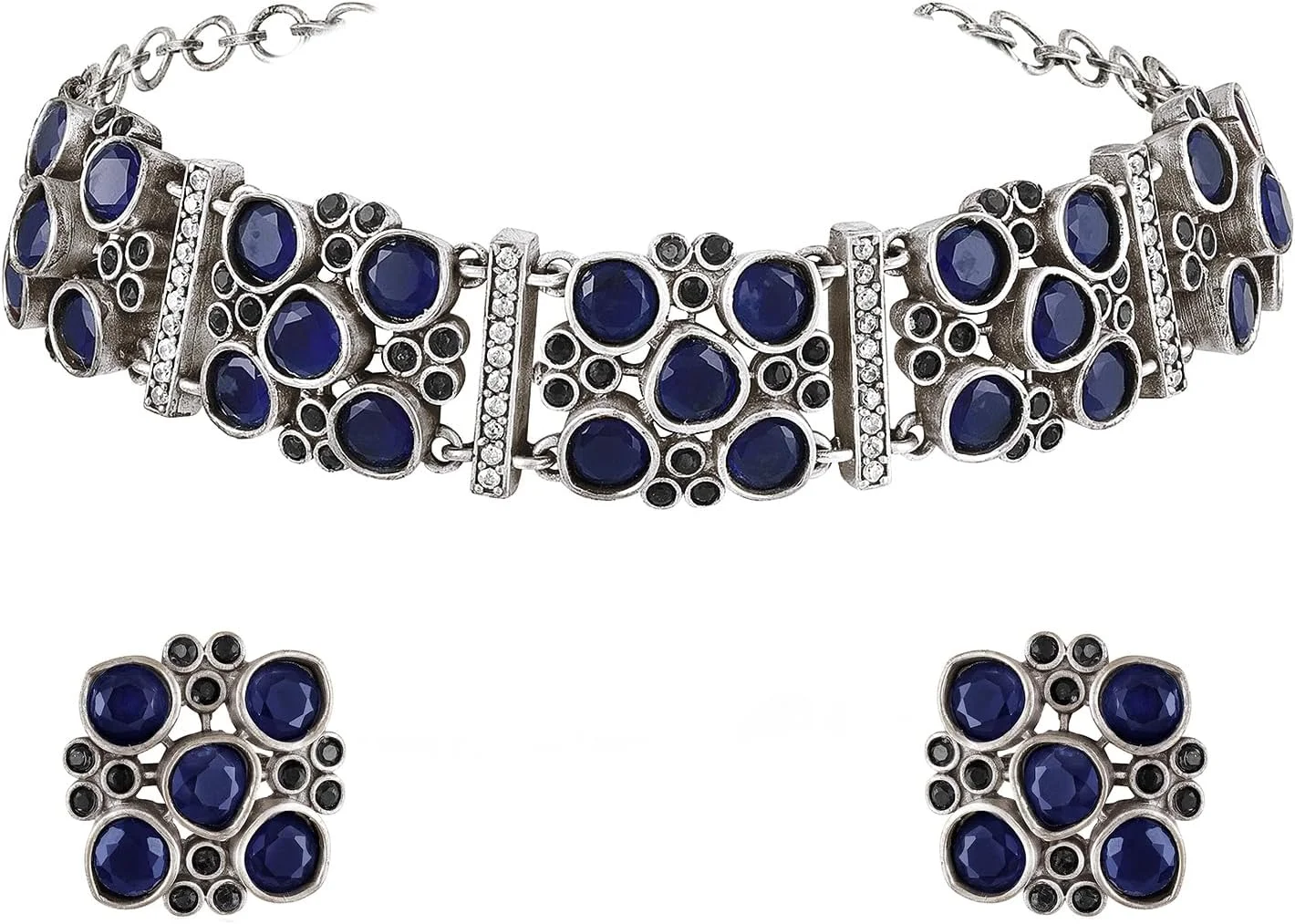 آهلی ست گوشواره و گردنبند زنانه با کریستالهای آبی نقرهای اکسید شده، جواهرات فشن و قومی آهلی ست گوشواره و گردنبند زنانه با کریستالهای آبی نقرهای اکسید شده، جواهرات فشن و قومی