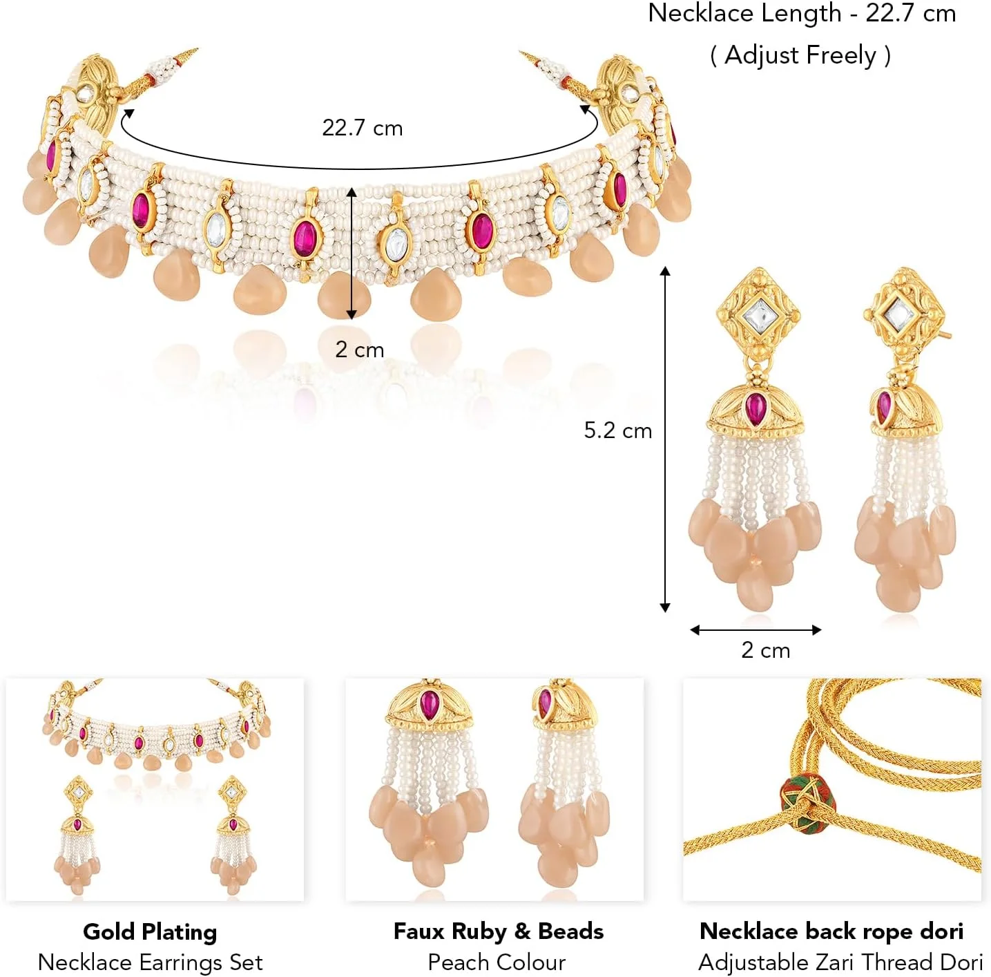 آهلی - ست گردنبند و گوشواره زنانه با سنگ های یاقوت مصنوعی هلویی و مهره کاری